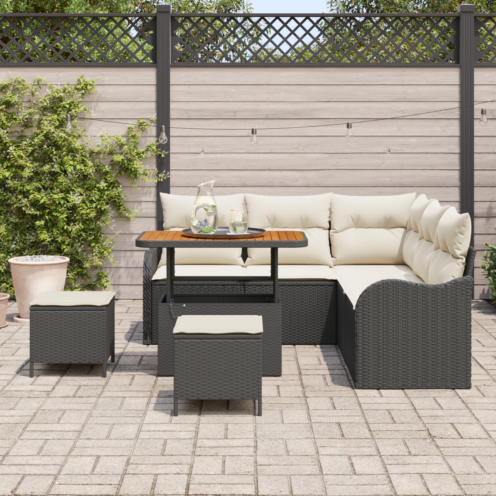 Set canapele grădină cu perne negru ratan poli acacia, Canapea grădină cu 2 locuri și perne negru ratan poli, Set dining grădină cu 3 piese și perne negru ratan poli acacia GartenMobel Dekor
