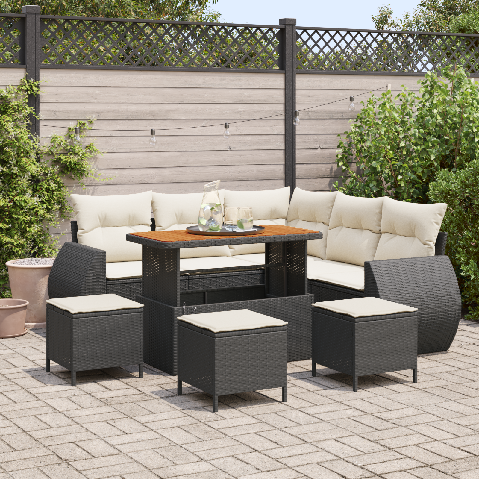 Set de canapea de grădină 9 piese cu perne Ratan poliester negru Acacia, Set de dining de grădină 4 piese cu perne Ratan poliester negru Acacia GartenMobel Dekor