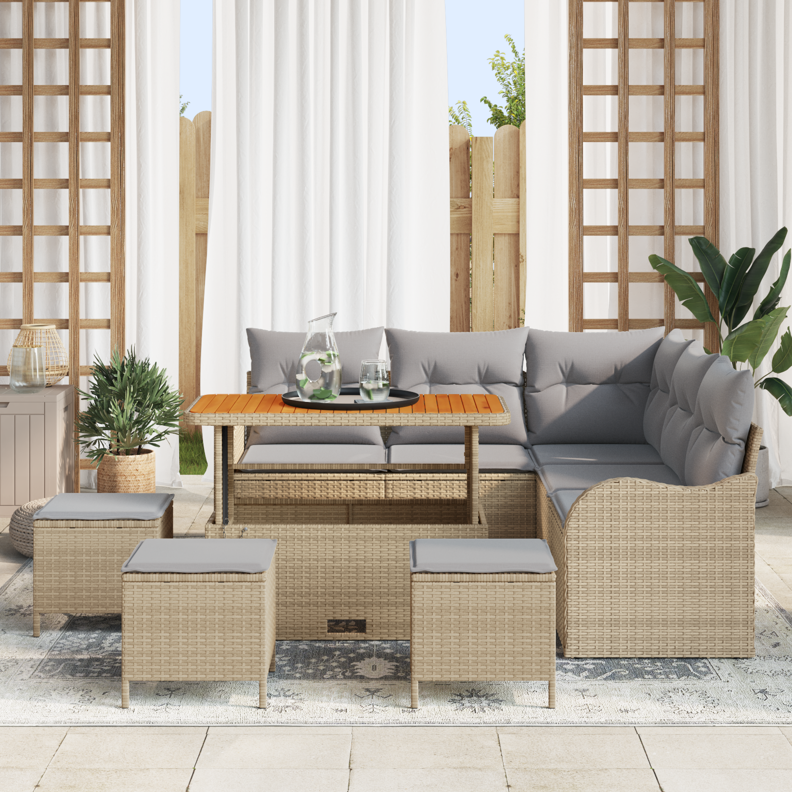 Set de sofa de grădină cu 9 piese cu perne Bej din poli ratan Acacia, Sofa de grădină cu 2 locuri cu perne Bej din poli ratan, Set de dining de grădină cu 4 piese cu perne Bej din poli ratan Acacia GartenMobel Dekor