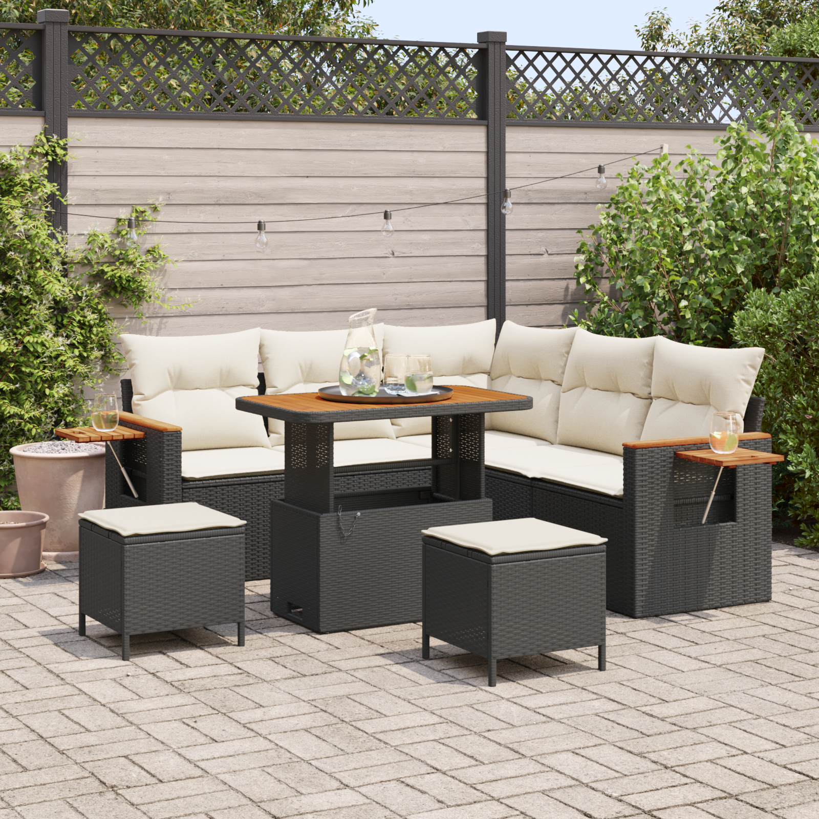 Set canapea de grădină cu 8 piese și perne Negru Ratan poli Acacia, Set de dining de grădină cu 3 piese și perne Negru Ratan poli Acacia GartenMobel Dekor