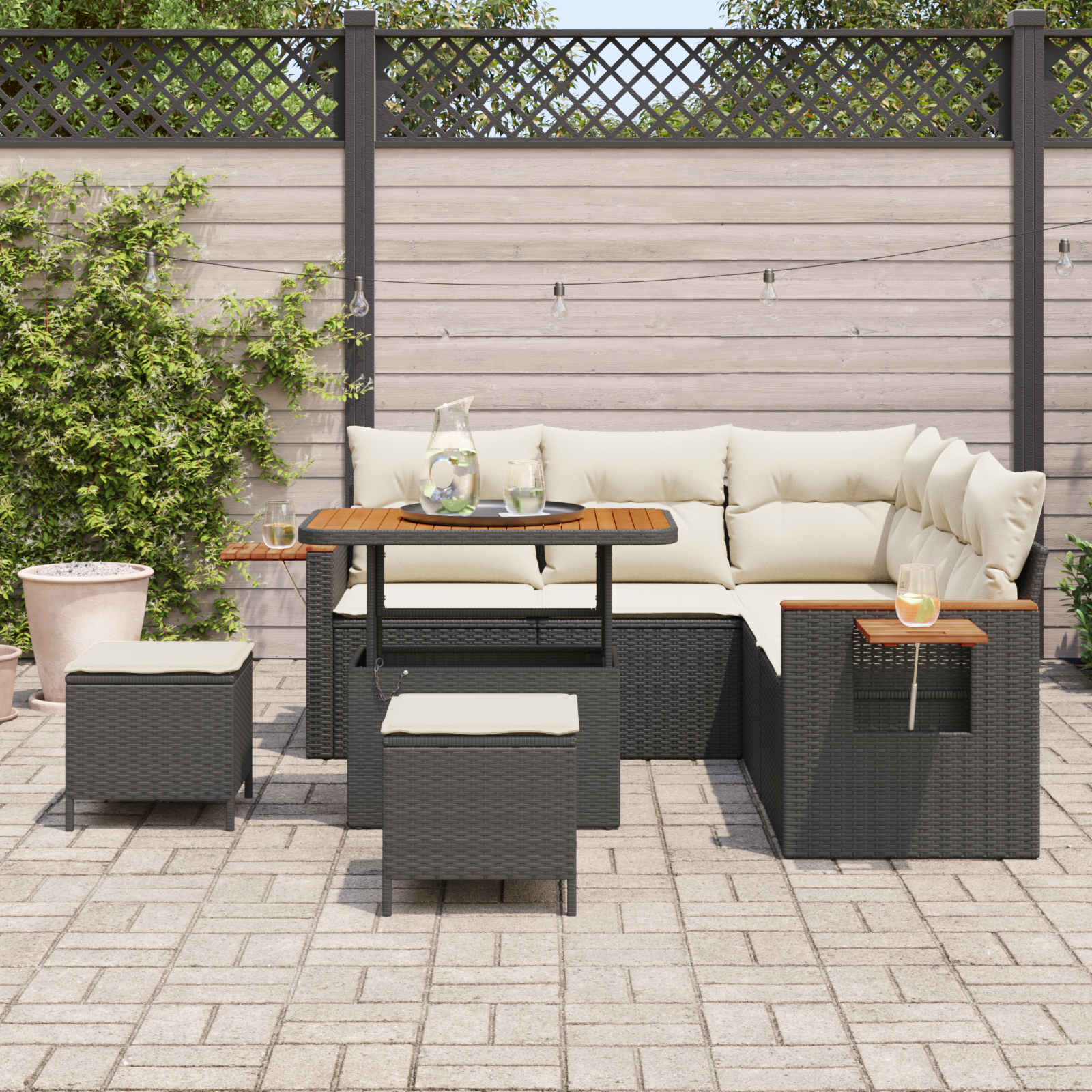 Set canapea de grădină cu 8 piese și perne Negru Ratan poli Acacia, Set de dining de grădină cu 3 piese și perne Negru Ratan poli Acacia GartenMobel Dekor