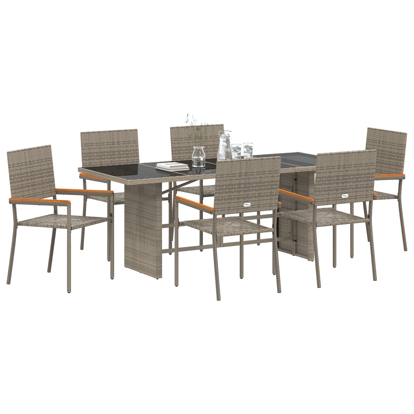 Set Dining Grădină  7 Piese Gri Poliratan, Scaune Grădină Stivuite cu Perne 2 buc Gri Poliratan GartenMobel Dekor