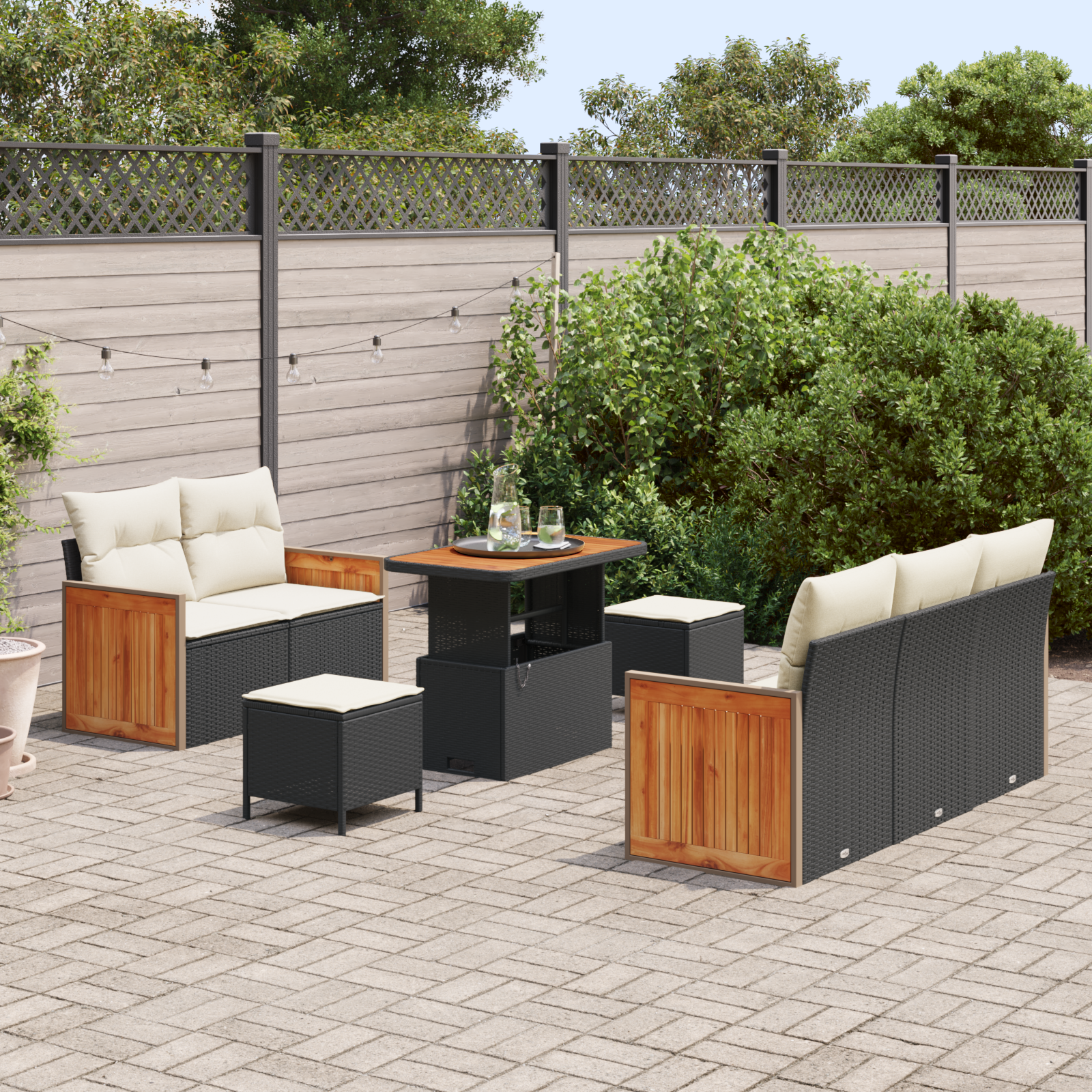 Set de Canapele de Grădină 8 Piese cu Perne Negru Poliratan Acacia, Set de Dining de Grădină 3 Piese cu Perne Negru Poliratan Acacia GartenMobel Dekor