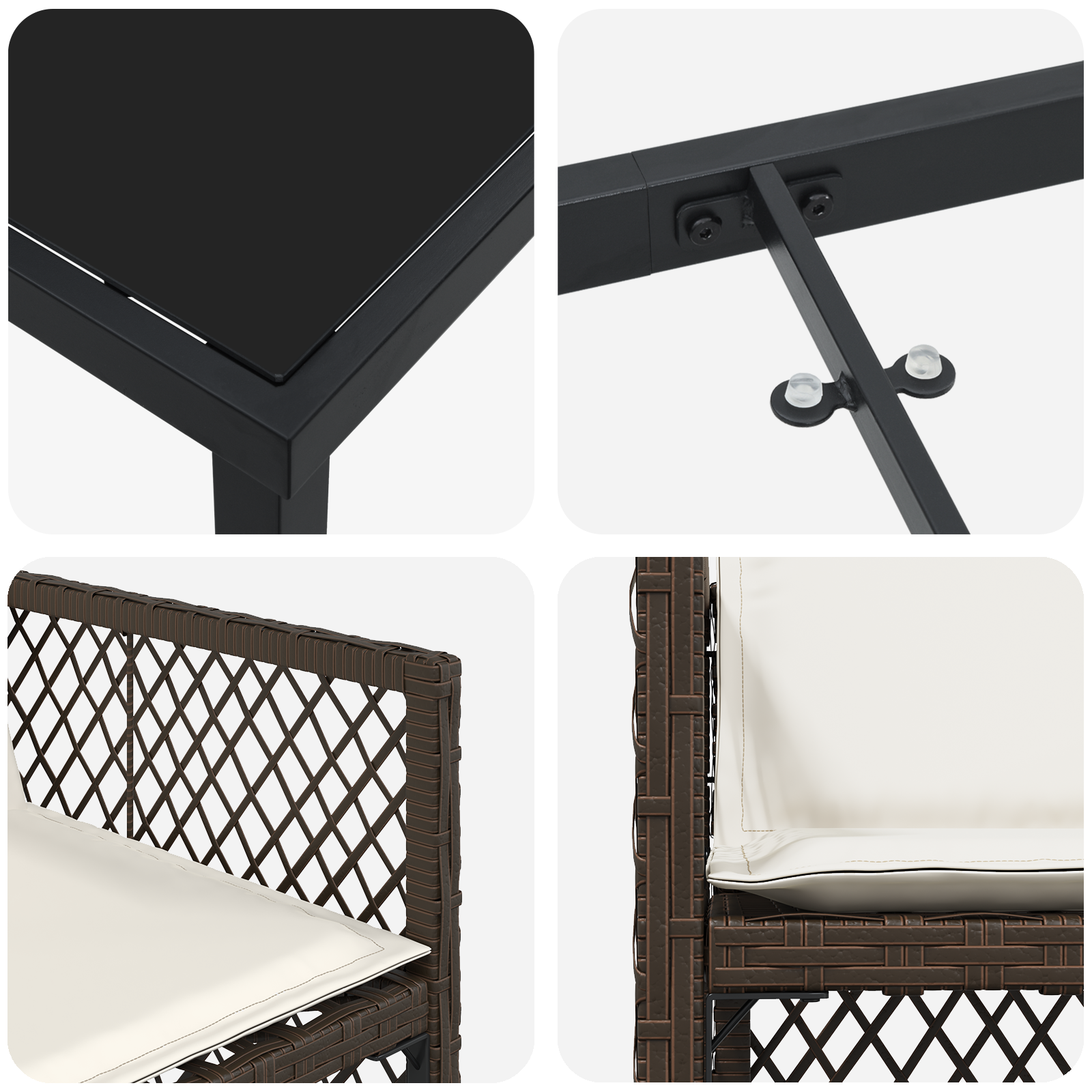 Set Masă Grădină  cu Perne Maro Poli Ratan, Masă Grădină  Neagră 80x80x73 cm Sticlă Temperată GartenMobel Dekor
