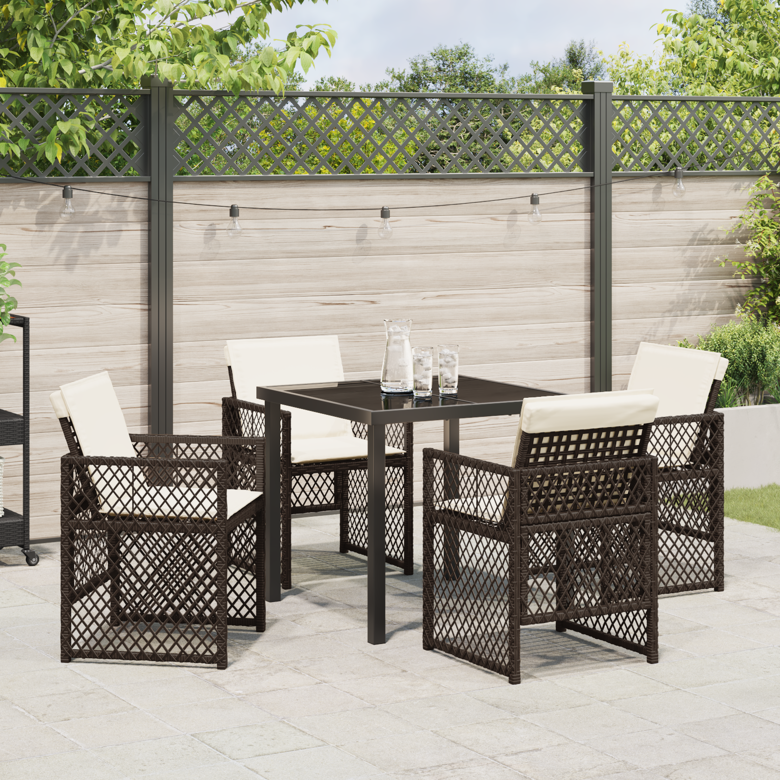 Set Masă Grădină  cu Perne Maro Poli Ratan, Masă Grădină  Neagră 80x80x73 cm Sticlă Temperată GartenMobel Dekor