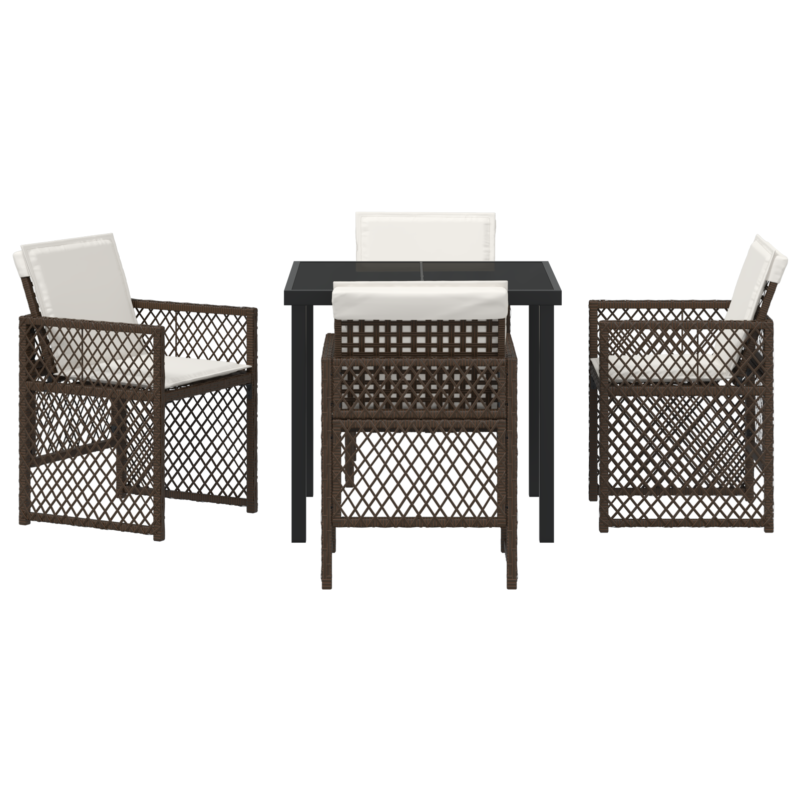 Set Masă Grădină  cu Perne Maro Poli Ratan, Masă Grădină  Neagră 80x80x73 cm Sticlă Temperată GartenMobel Dekor