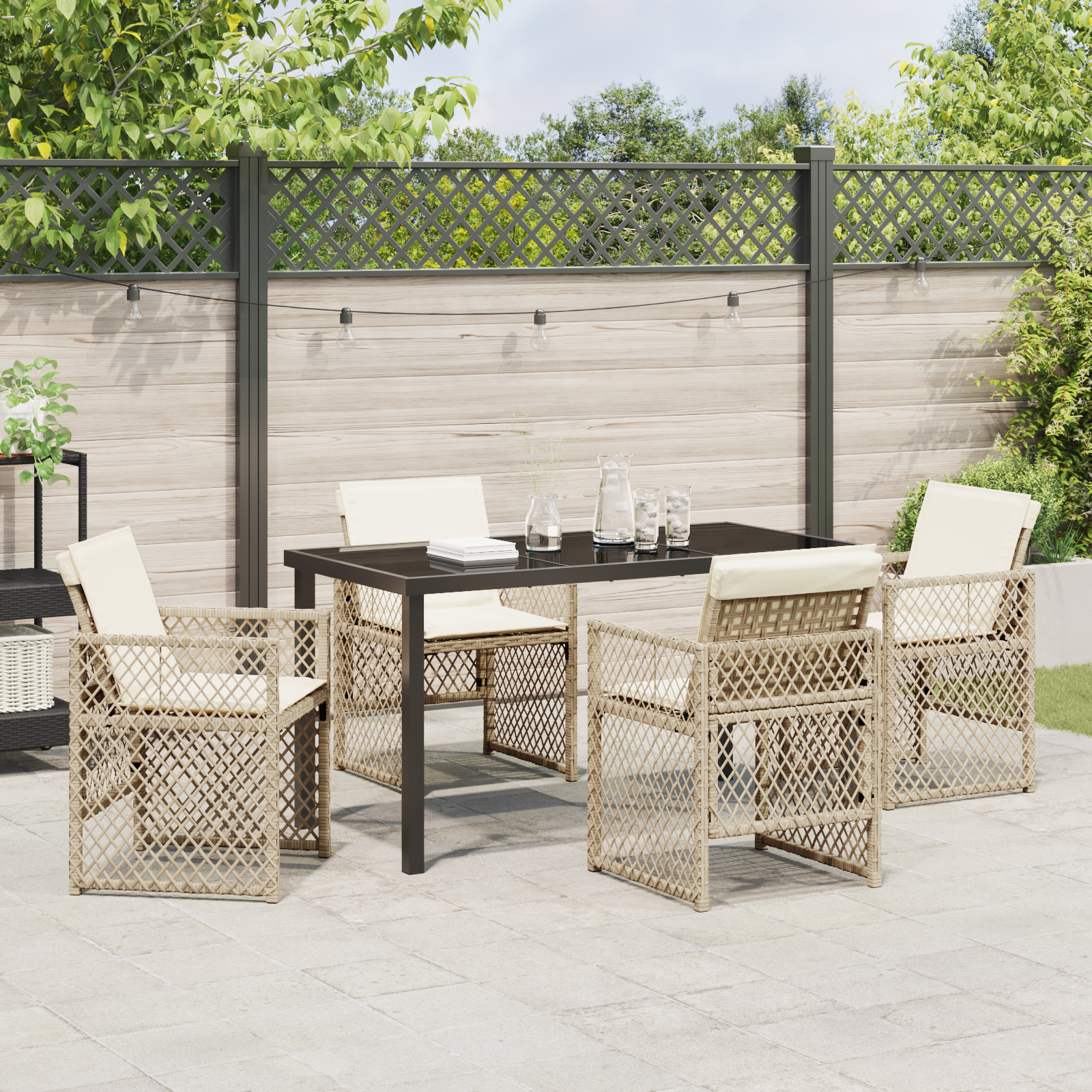 Set de Dining pentru Grădină  cu Perne Bej Ratan Poliester, Masă de Grădină  Neagră 140x80x73 cm Sticlă Temperată GartenMobel Dekor