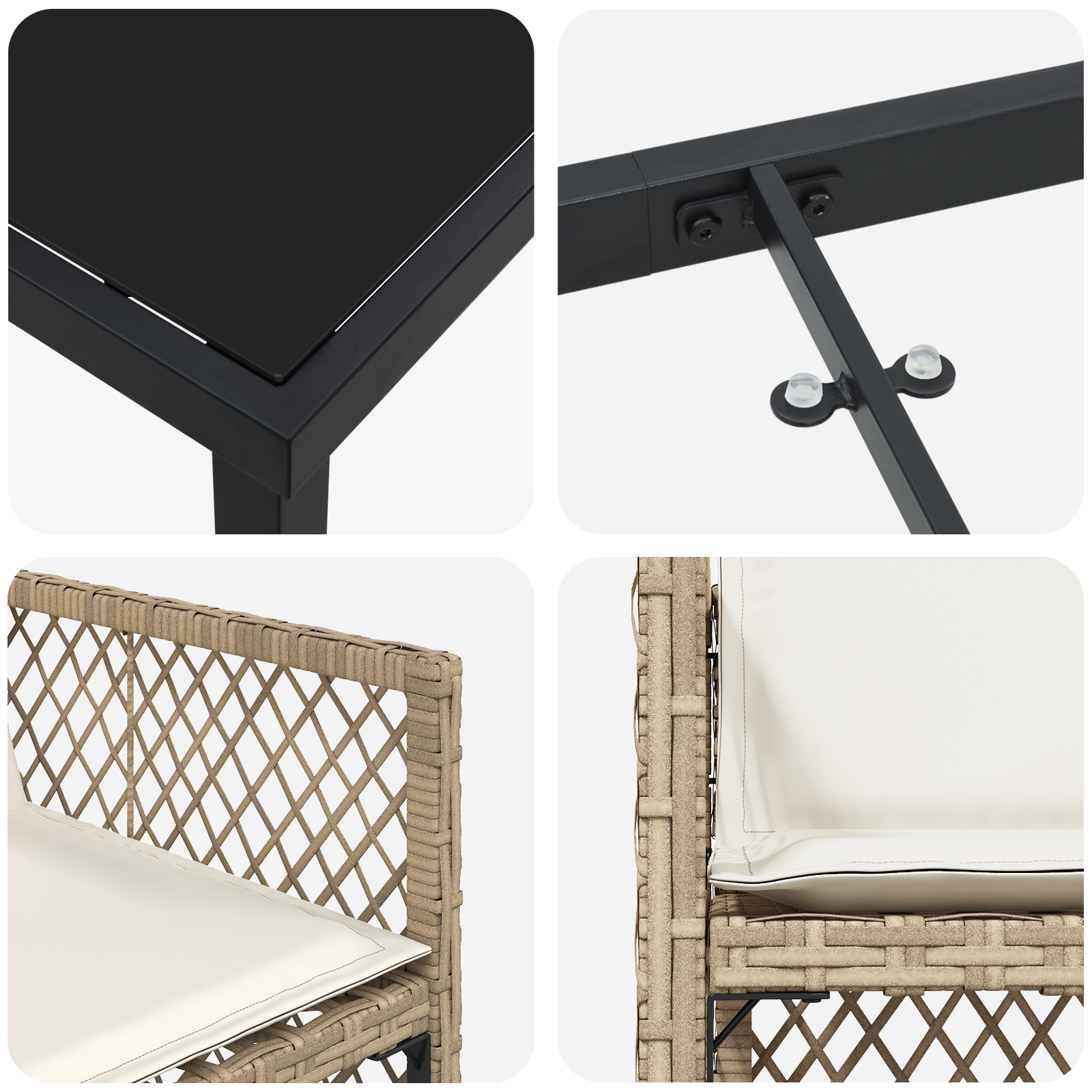 Set de Dining pentru Grădină  cu Perne Bej Ratan Poliester, Masă de Grădină  Neagră 140x80x73 cm Sticlă Temperată GartenMobel Dekor