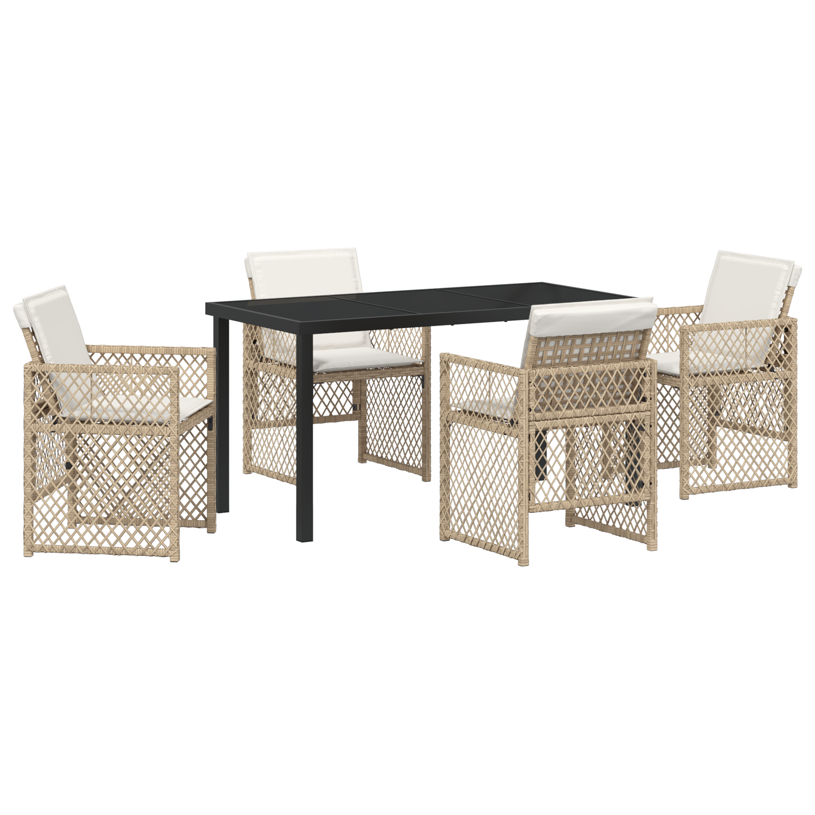 Set de Dining pentru Grădină  cu Perne Bej Ratan Poliester, Masă de Grădină  Neagră 140x80x73 cm Sticlă Temperată GartenMobel Dekor