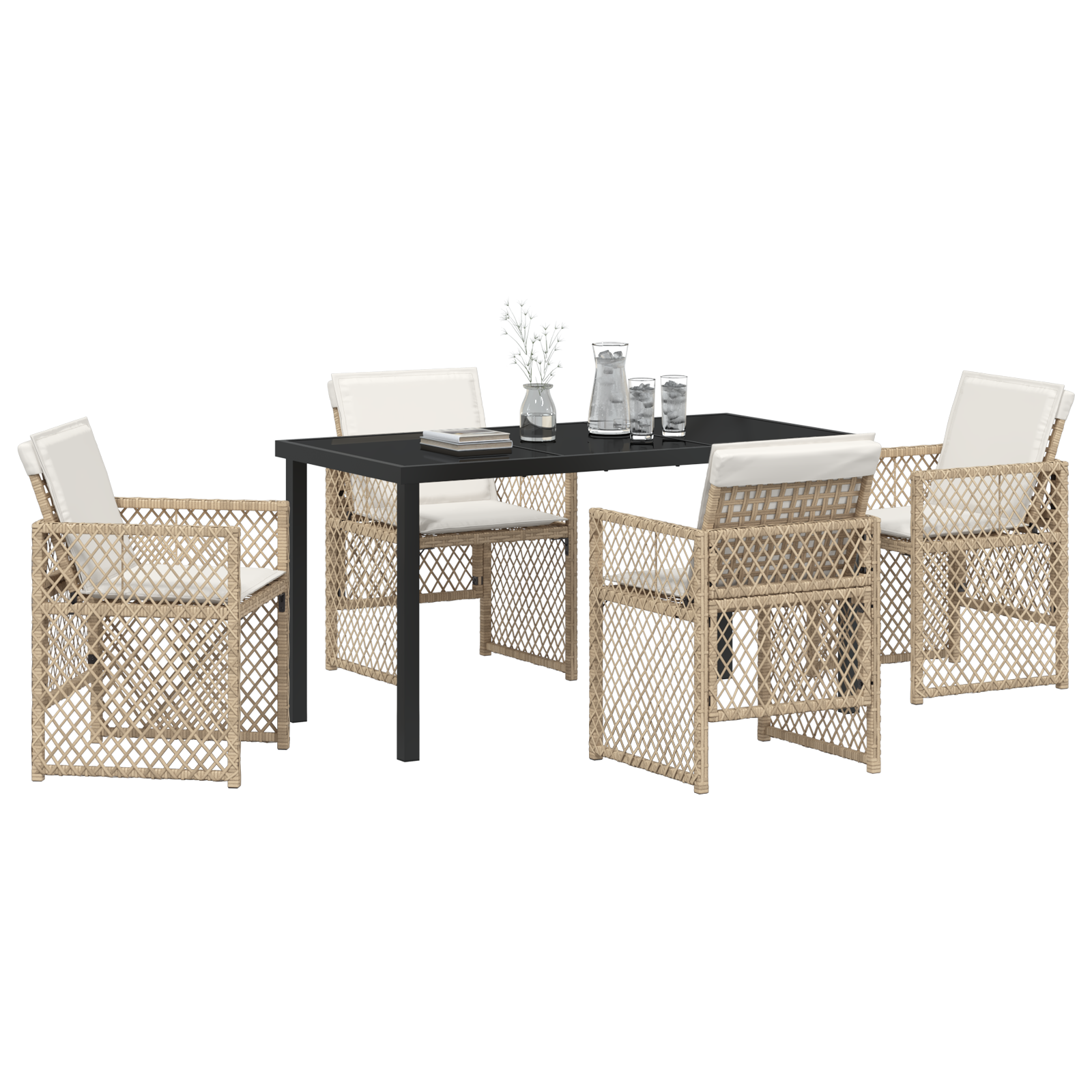 Set de Dining pentru Grădină  cu Perne Bej Ratan Poliester, Masă de Grădină  Neagră 140x80x73 cm Sticlă Temperată GartenMobel Dekor