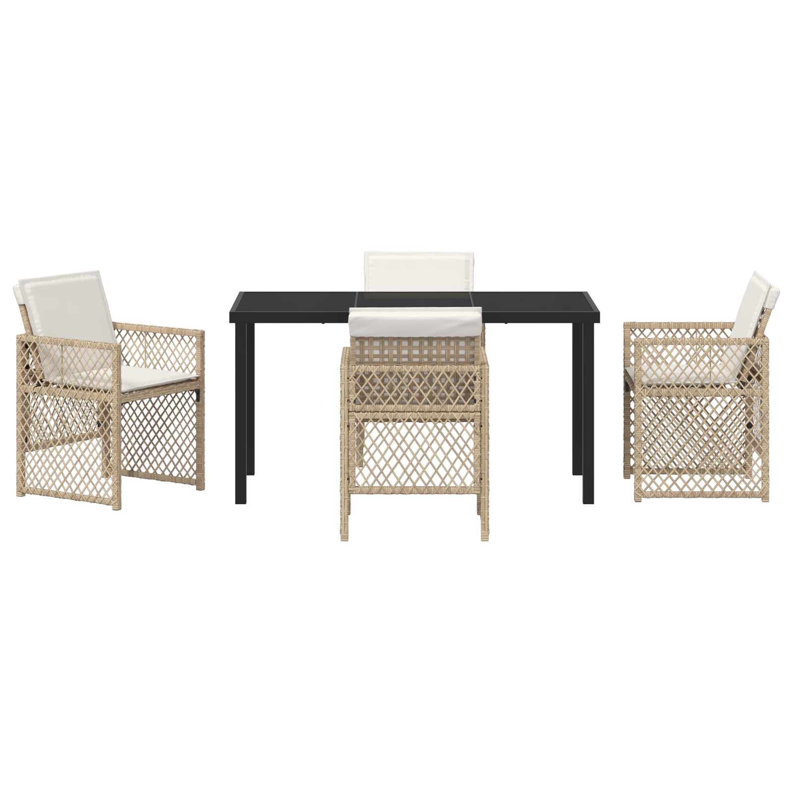 Set de Dining pentru Grădină  cu Perne Bej Ratan Poliester, Masă de Grădină  Neagră 140x80x73 cm Sticlă Temperată GartenMobel Dekor