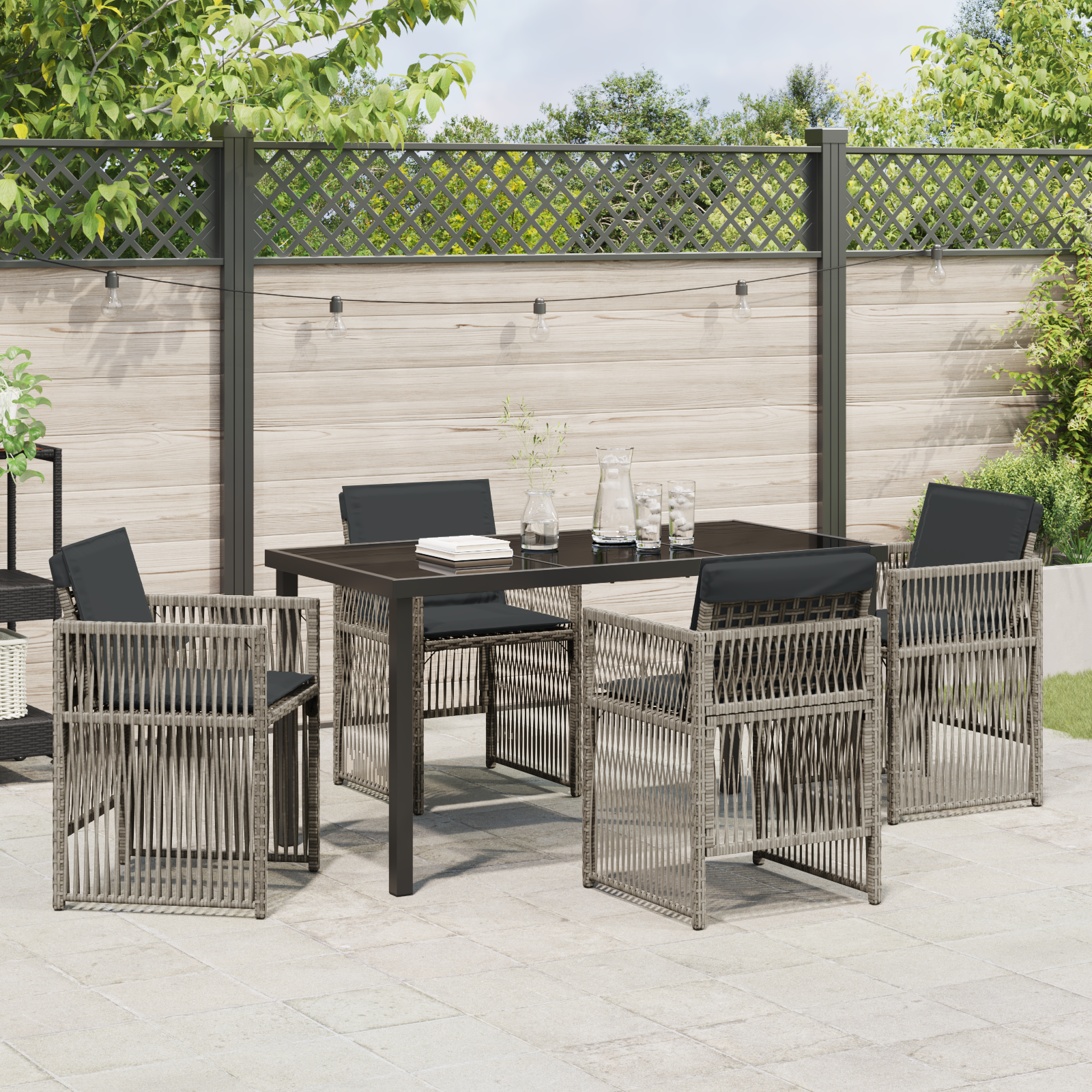 Set de dining pentru grădină cu 5 piese cu perne gri din poli ratan , Masă de grădină neagră 140x80x73 cm din sticlă securizată  GartenMobel Dekor
