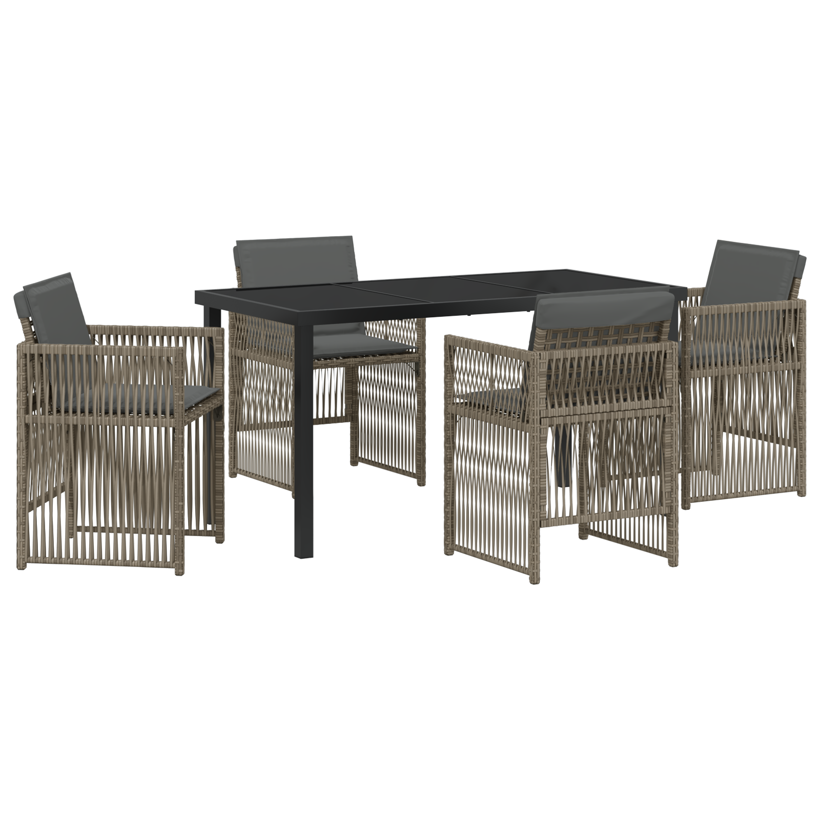 Set de dining pentru grădină cu 5 piese cu perne gri din poli ratan , Masă de grădină neagră 140x80x73 cm din sticlă securizată  GartenMobel Dekor