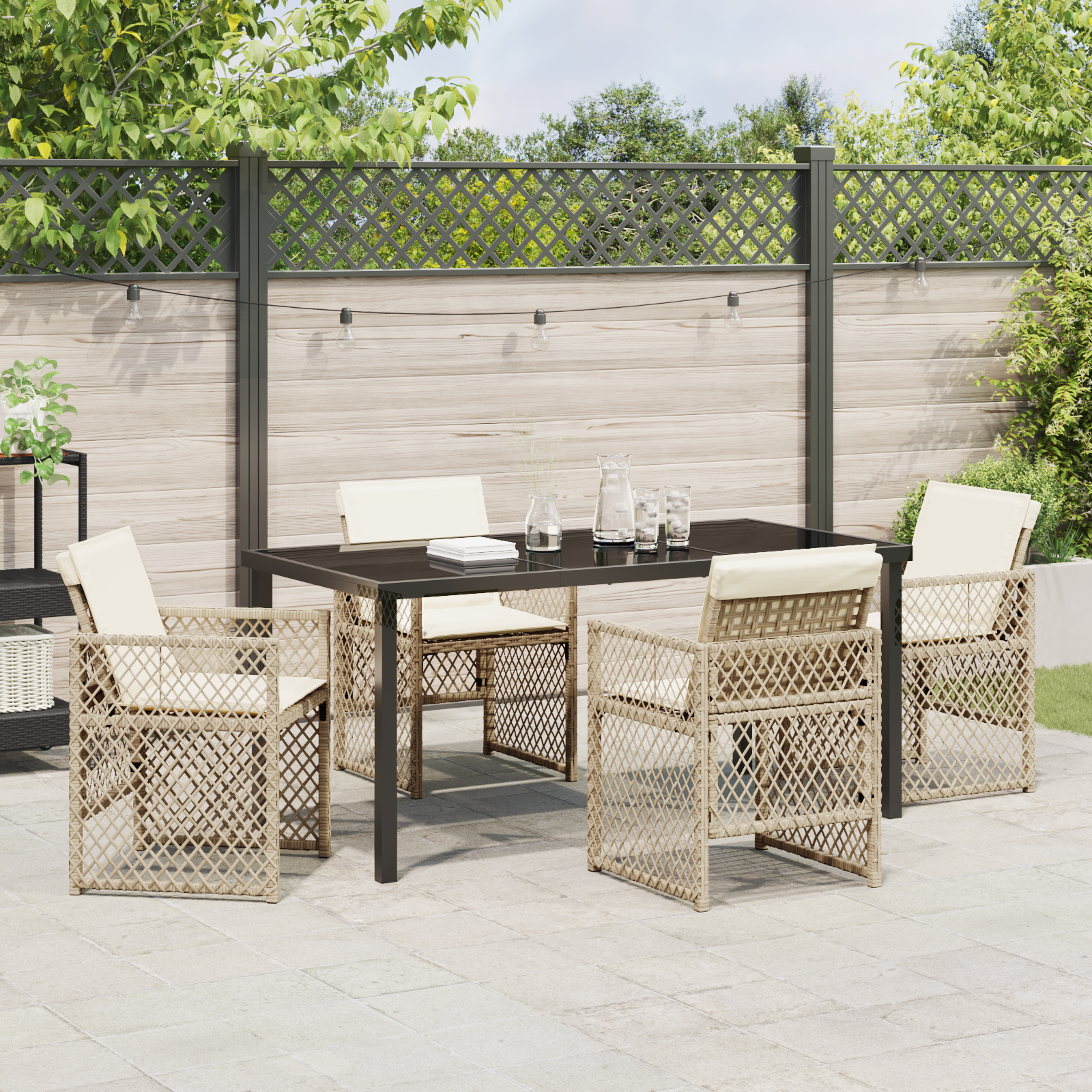 Set dining grădină  cu perne Bej din ratan poliat, Masa grădină  Neagră 160x80x73 cm cu sticlă temperată GartenMobel Dekor