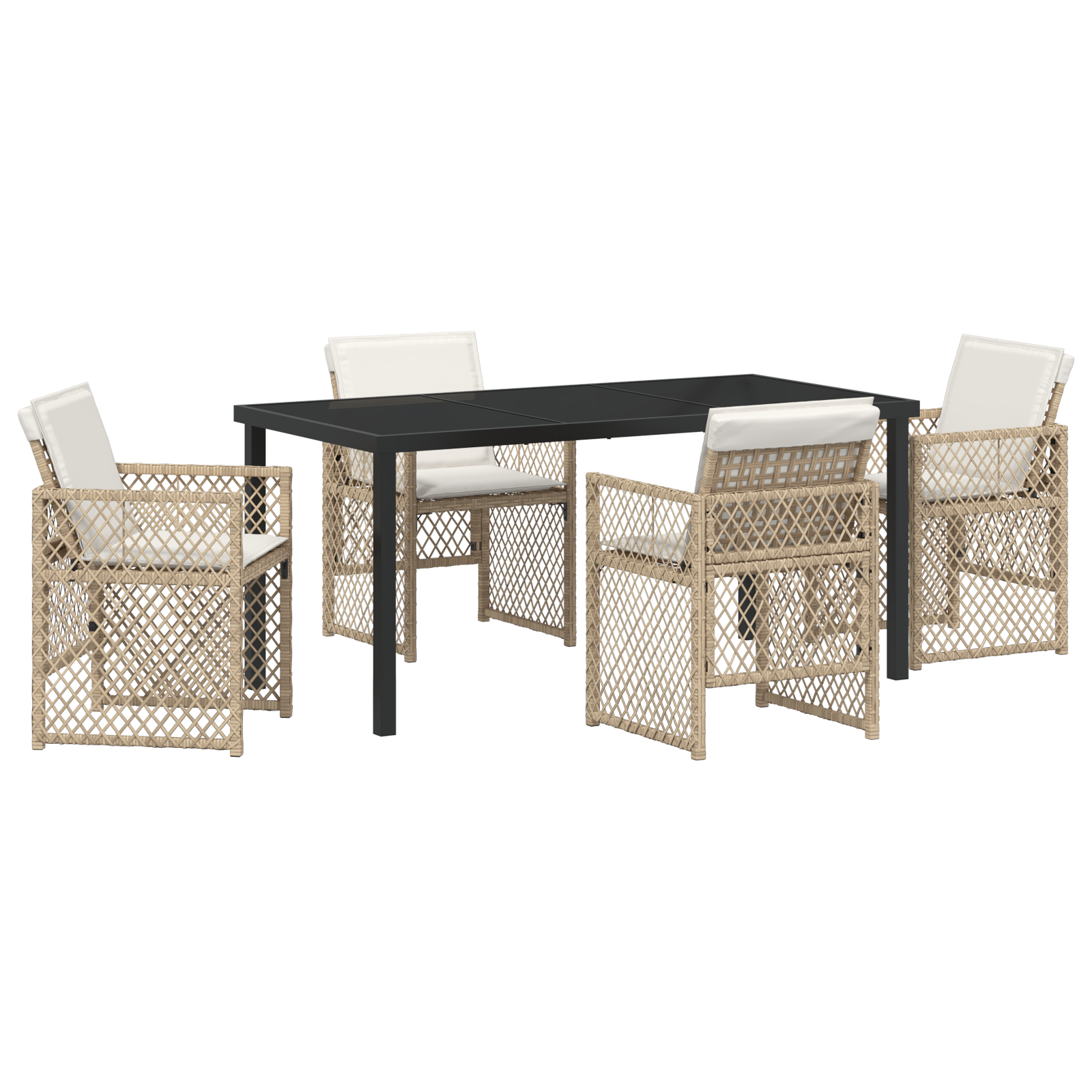 Set dining grădină  cu perne Bej din ratan poliat, Masa grădină  Neagră 160x80x73 cm cu sticlă temperată GartenMobel Dekor