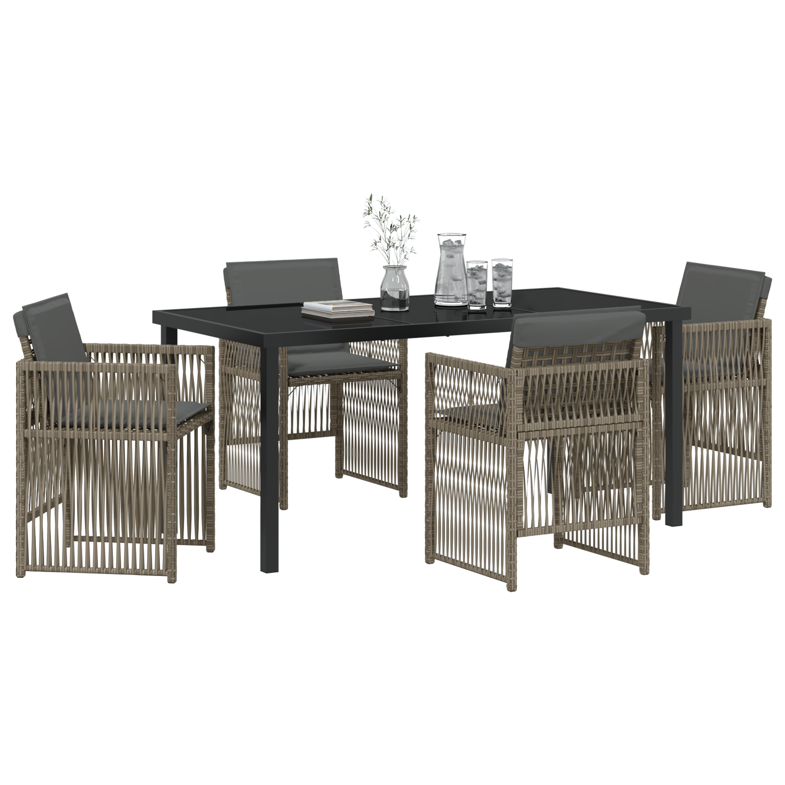 Set masă grădină  5 piese cu perne gri din ratan sintetic, Masă  neagră 160x80x73 cm din sticlă temperată GartenMobel Dekor