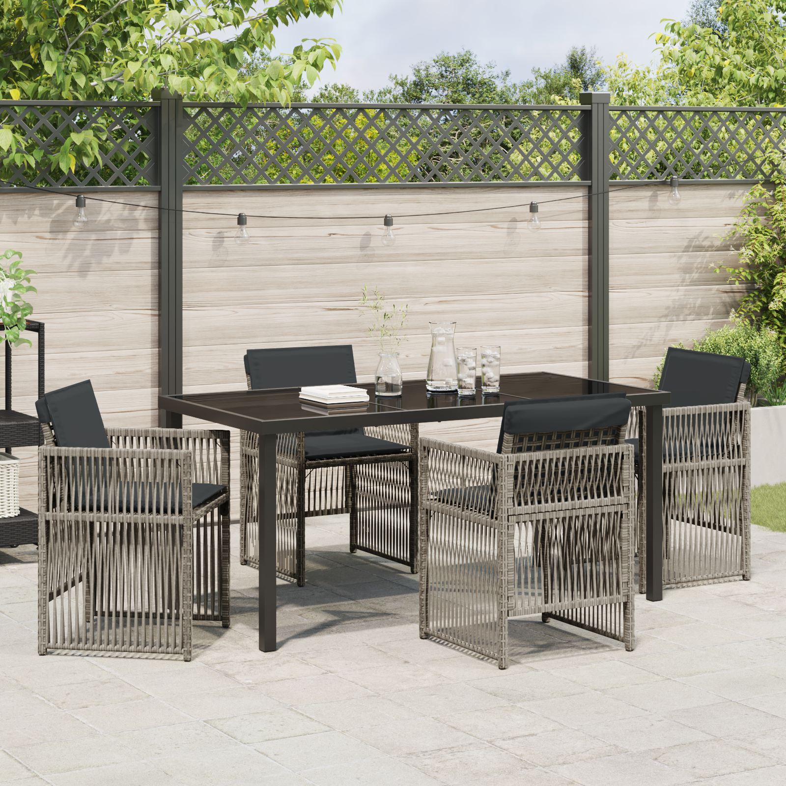 Set masă grădină  5 piese cu perne gri din ratan sintetic, Masă  neagră 160x80x73 cm din sticlă temperată GartenMobel Dekor