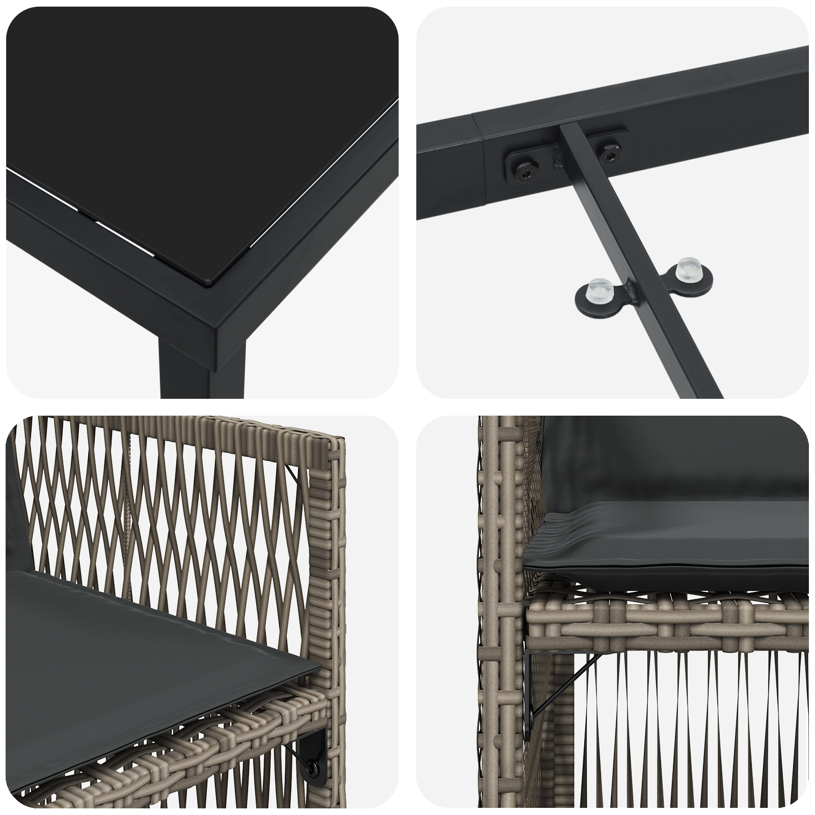 Set mese grădină  cu perne Gri Ratan Poliester, Masă grădină  Neagră 80x80x73 cm Sticlă Temperată GartenMobel Dekor