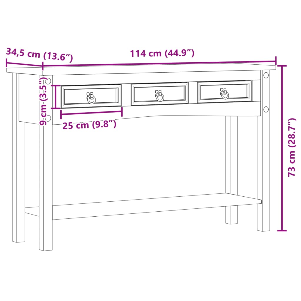 Măsuță consolă Corona, 114x34,5x73 cm, lemn masiv de pin GartenMobel Dekor