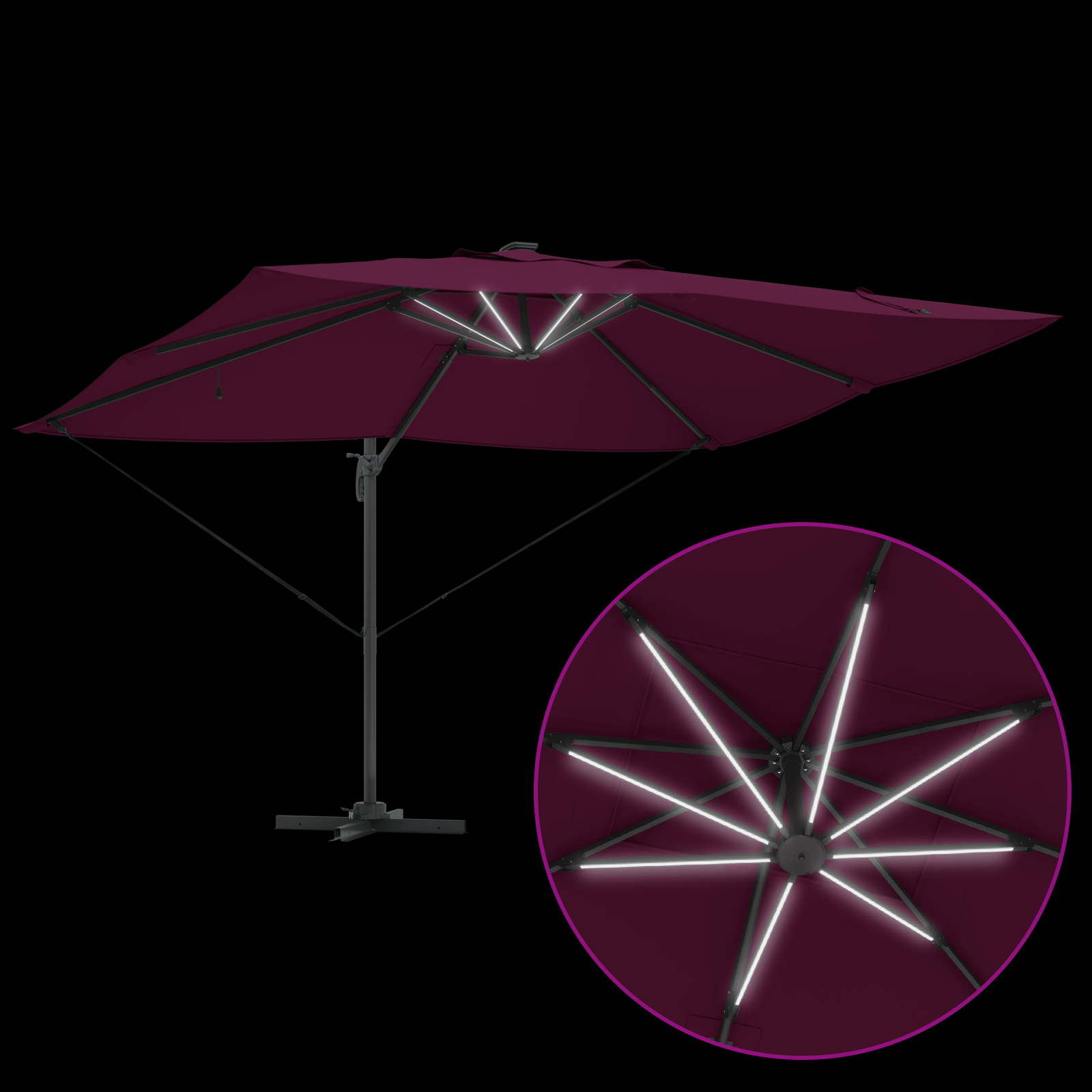 Parasol Cantilever Roma cu LED-uri Roșu Bordeaux 352x251x265 cm Aluminiu GartenMobel Dekor
