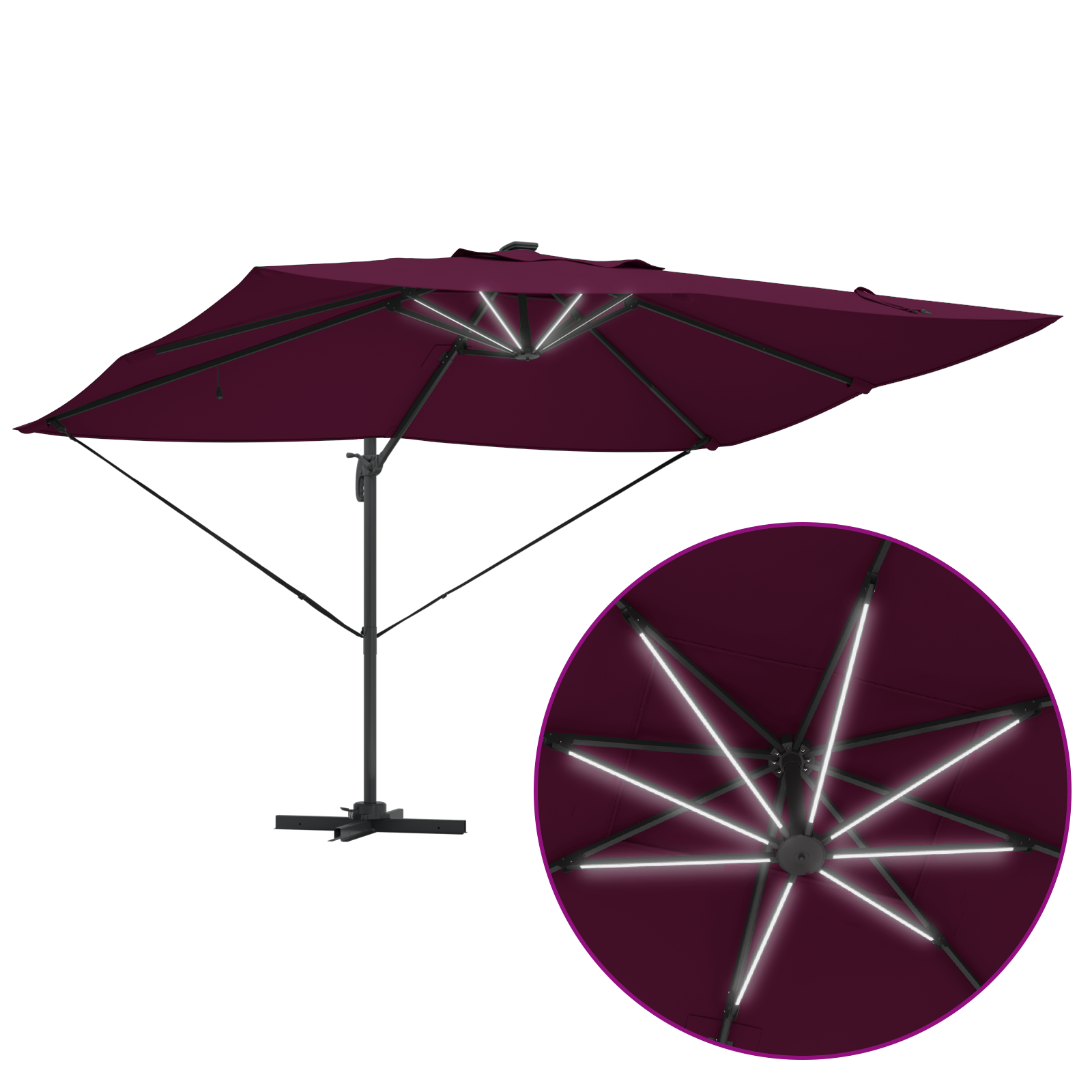 Parasol Cantilever Roma cu LED-uri Roșu Bordeaux 352x251x265 cm Aluminiu GartenMobel Dekor