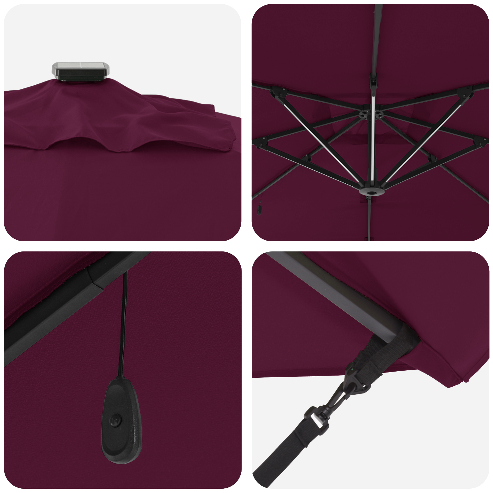 Umbrelă cantilever Roma cu LED-uri Bordeaux roșie 286x285x270 cm Aluminiu GartenMobel Dekor