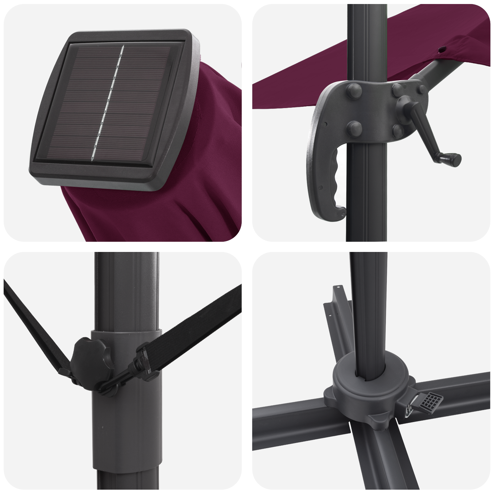 Umbrelă cantilever Roma cu LED-uri Bordeaux roșie 286x285x270 cm Aluminiu GartenMobel Dekor