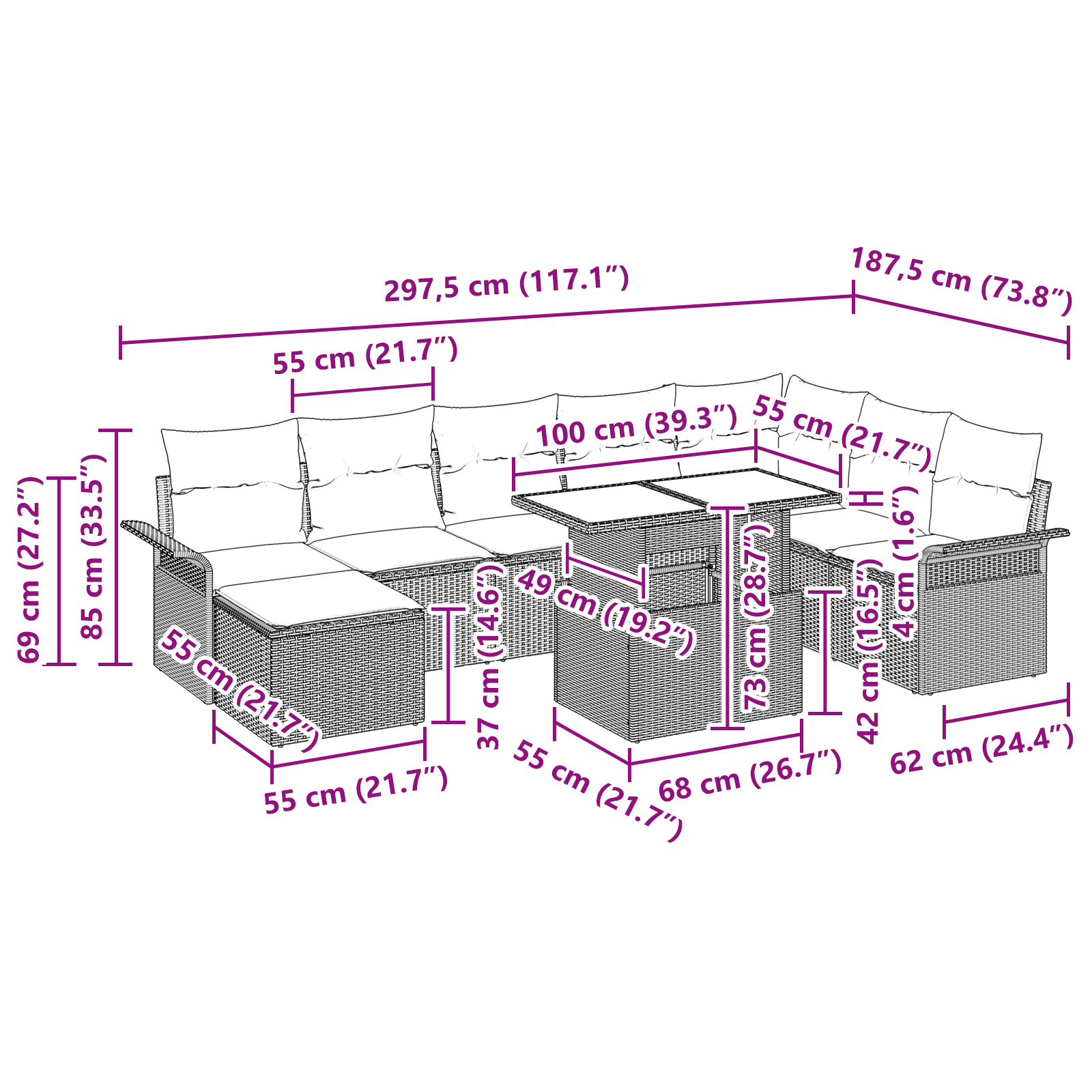 Set de canapele pentru grădină cu perne bej din ratan poli, Canapea pentru grădină cu depozitare și perne bej din ratan poli GartenMobel Dekor