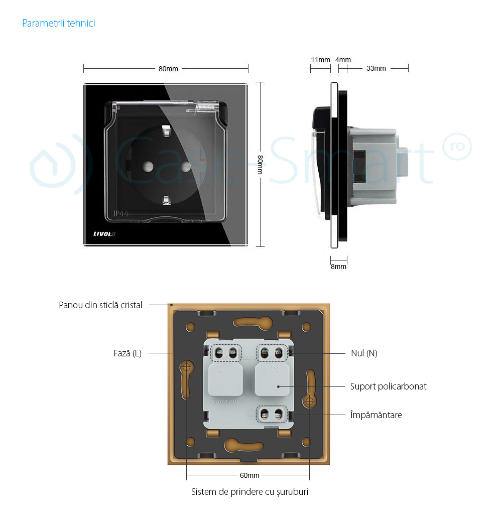 Priza simpla Livolo cu rama din sticla si capac de protectie rezistent la apa SmartElectro IntelligentHouse
