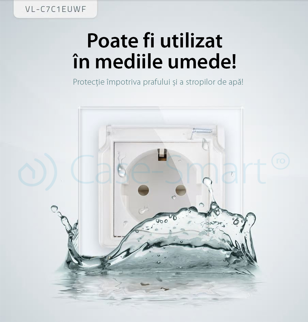 Priza simpla Livolo cu rama din sticla si capac de protectie rezistent la apa SmartElectro IntelligentHouse