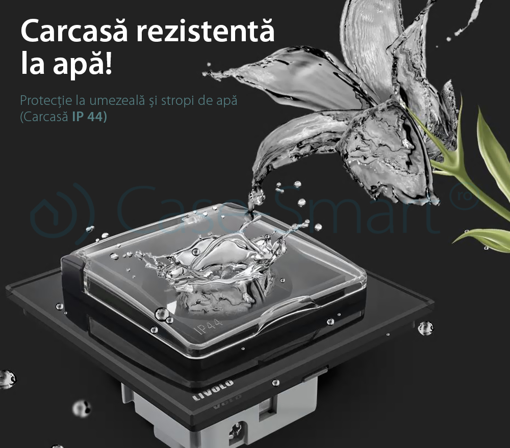 Priza simpla Livolo cu rama din sticla si capac de protectie rezistent la apa SmartElectro IntelligentHouse
