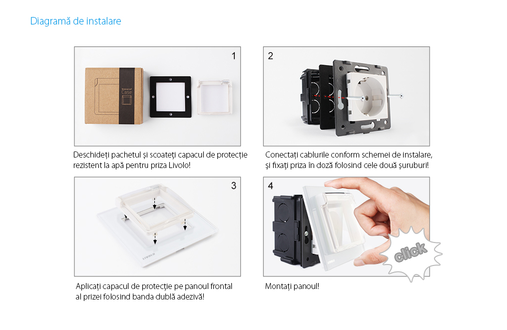 Priza simpla Livolo cu rama din sticla si capac de protectie rezistent la apa SmartElectro IntelligentHouse