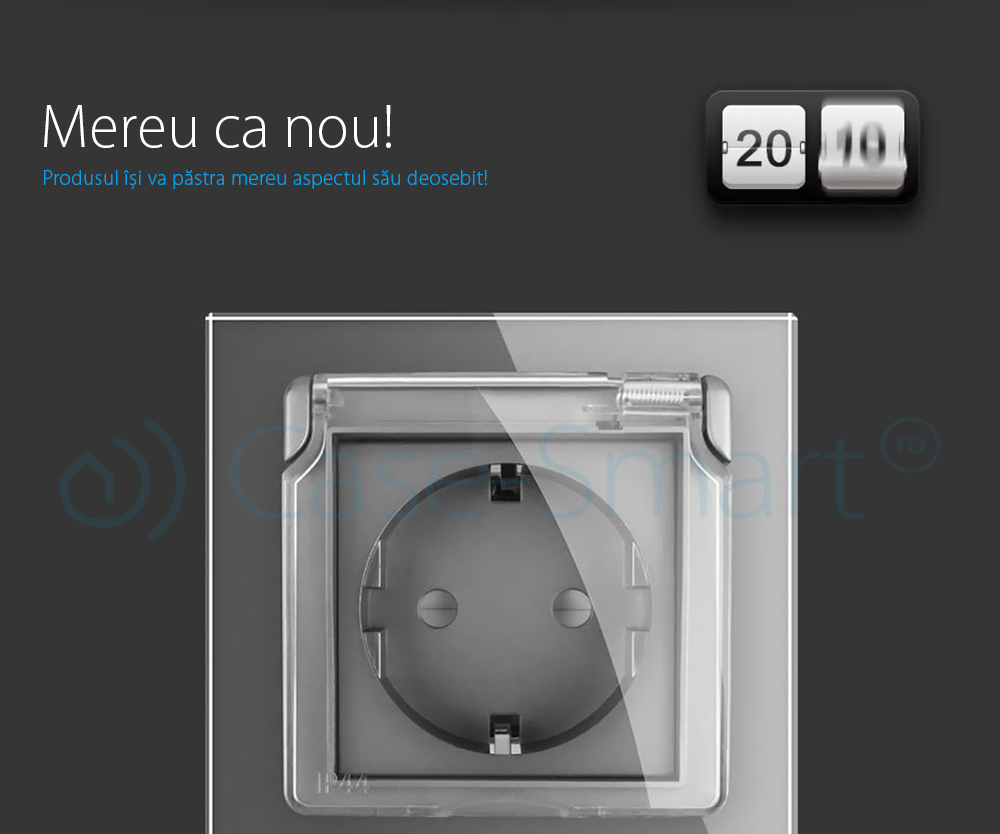 Priza simpla Livolo cu rama din sticla si capac de protectie rezistent la apa SmartElectro IntelligentHouse