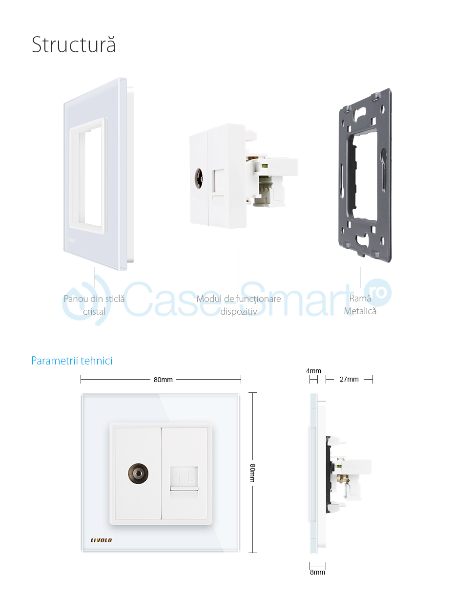 Priza dubla TV + Telefon Livolo cu rama din sticla SmartElectro IntelligentHouse