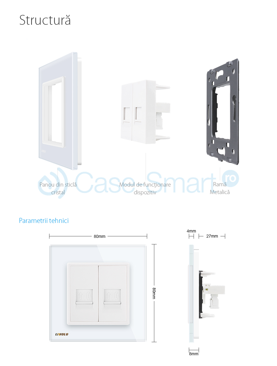 Priza dubla Telefon Livolo cu rama din sticla SmartElectro IntelligentHouse