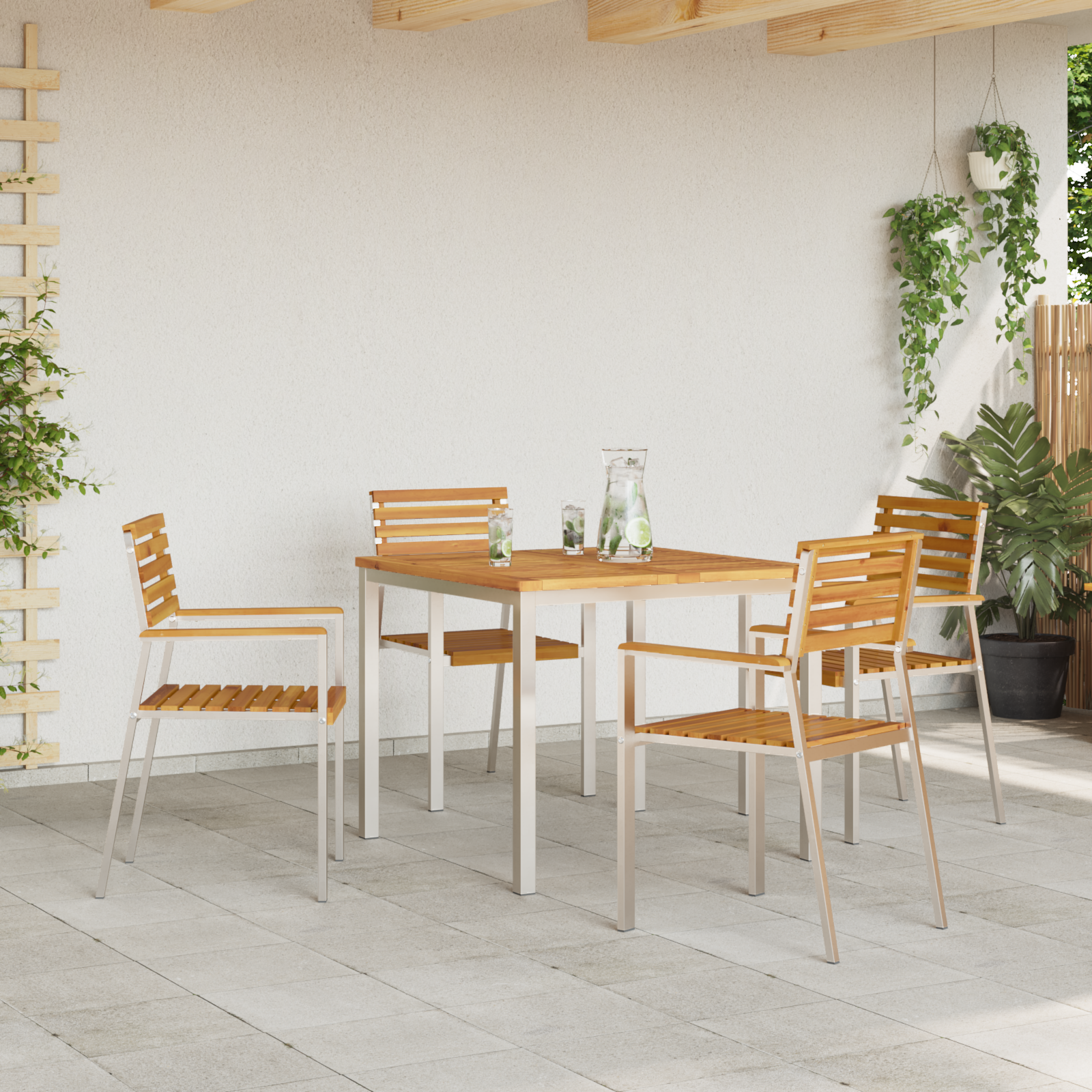 Set de 4 scaune de grădină stackabile din lemn masiv de acacia și oțel inoxidabil GartenMobel Dekor