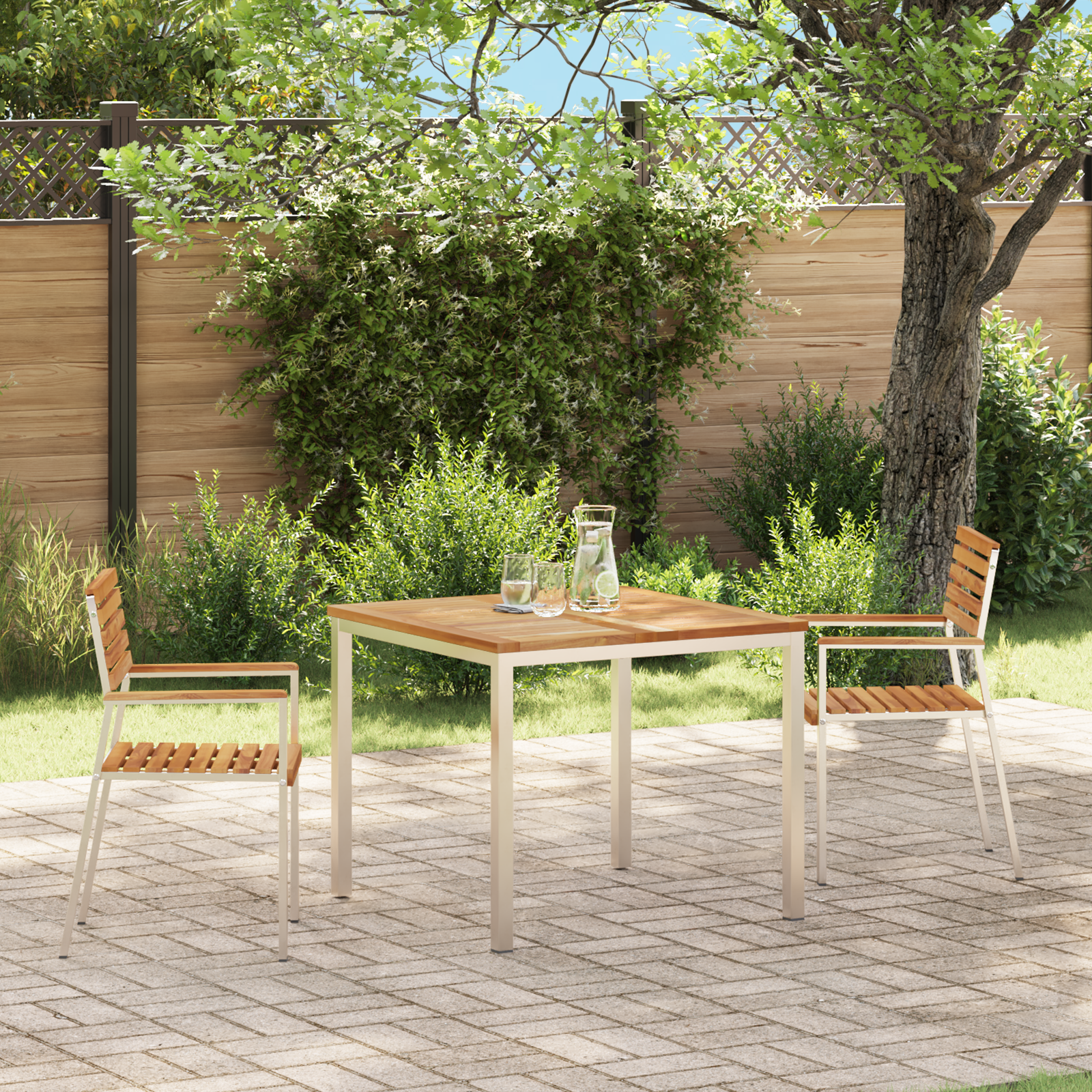 scaune de grădină stacked 2 pcs din lemn masiv de tec și oțel inoxidabil GartenMobel Dekor
