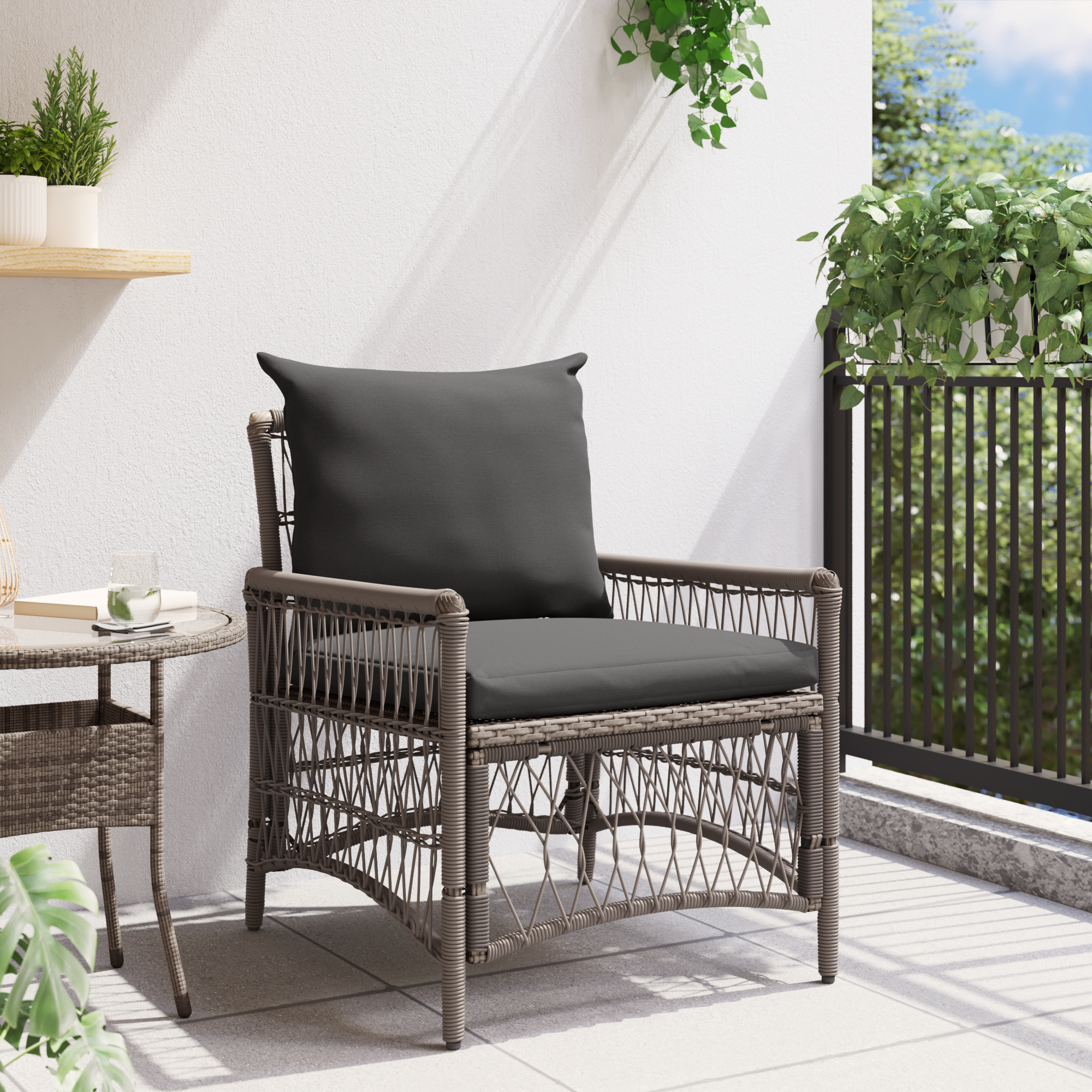 Scaun de grădină cu perne gri din ratan sintetic GartenMobel Dekor