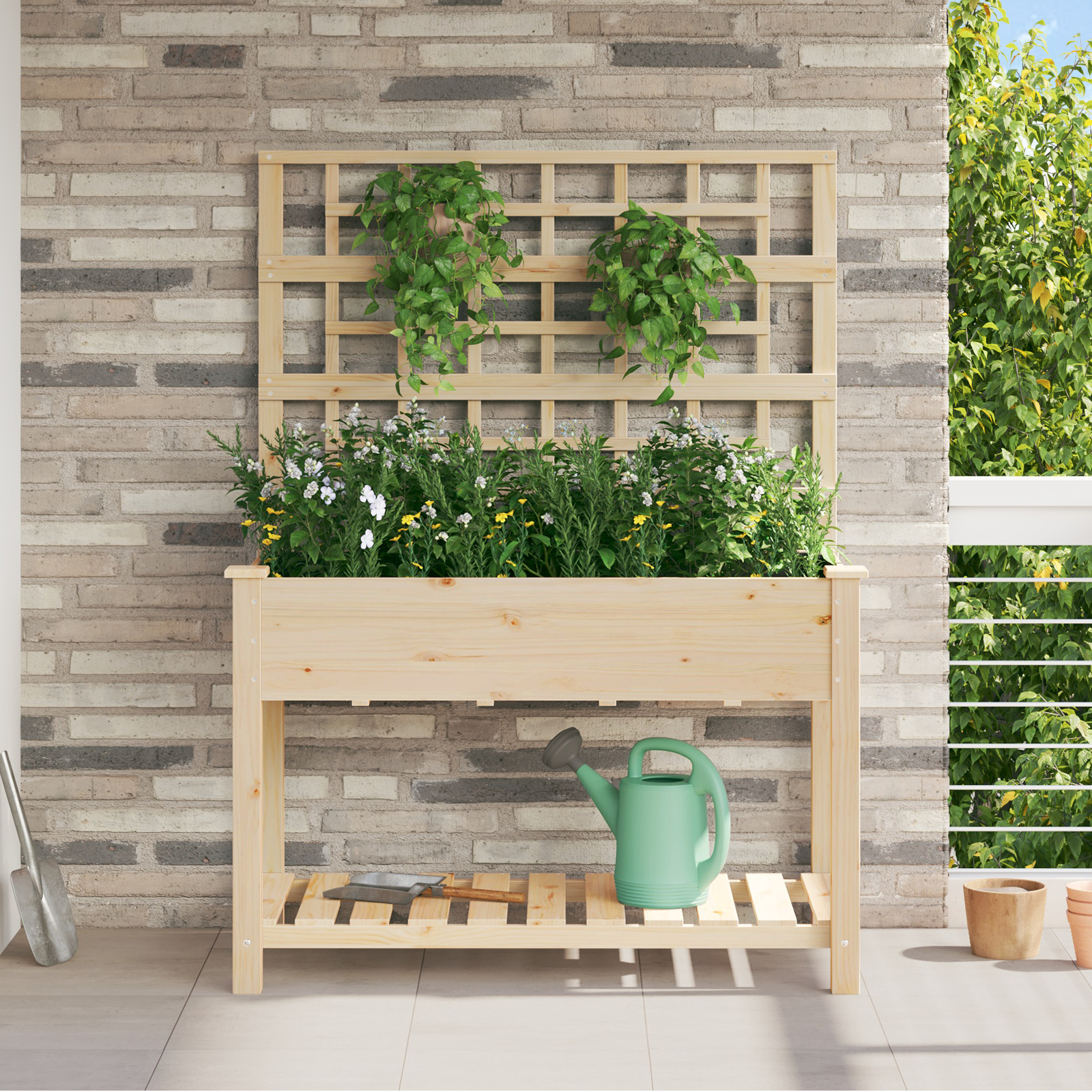Jardiniere cu trellis și raft 115x59x152 cm Lemn solid de brad GartenMobel Dekor