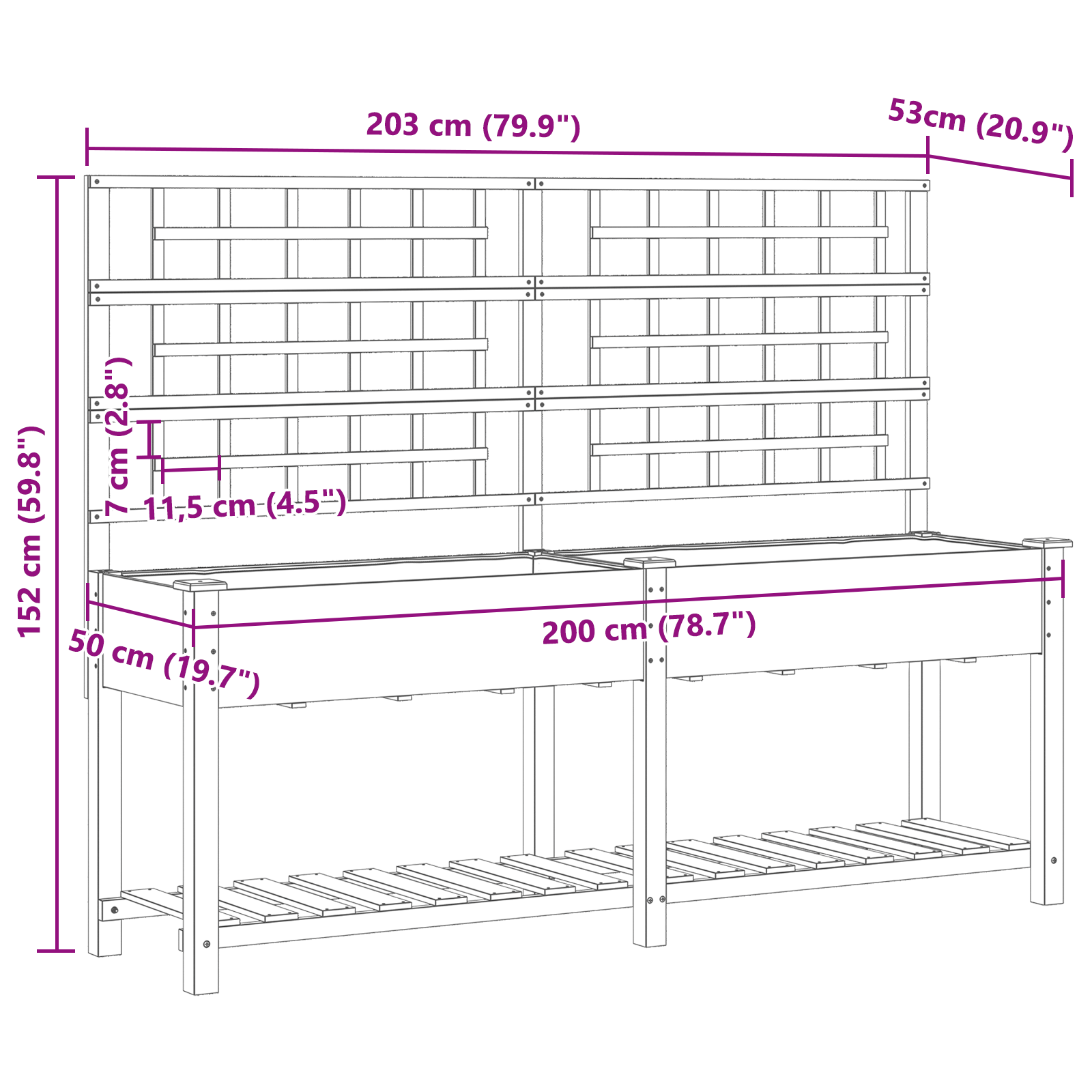 Gradină Jardiniere  cu Trellis și Raft 203x53x152 cm Lemn Masiv de Brad GartenMobel Dekor