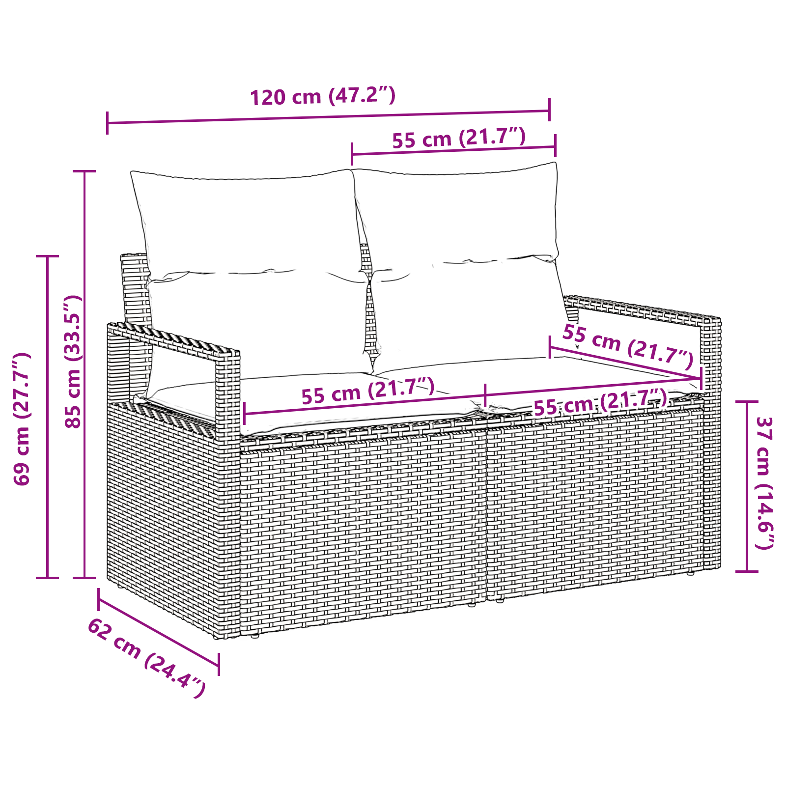 Sofa de grădină cu 2 locuri cu perne Negru Poliratan GartenMobel Dekor