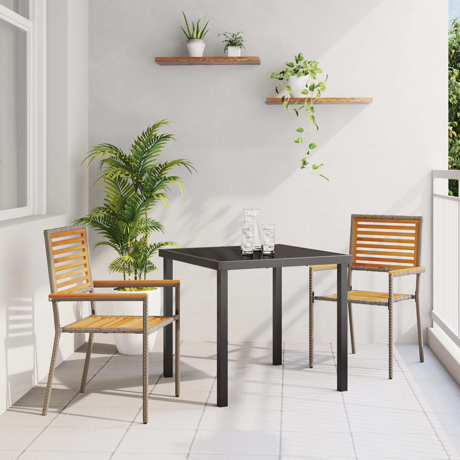 Set de 2 scaune de grădină stivuite cu perne gri din ratan GartenMobel Dekor