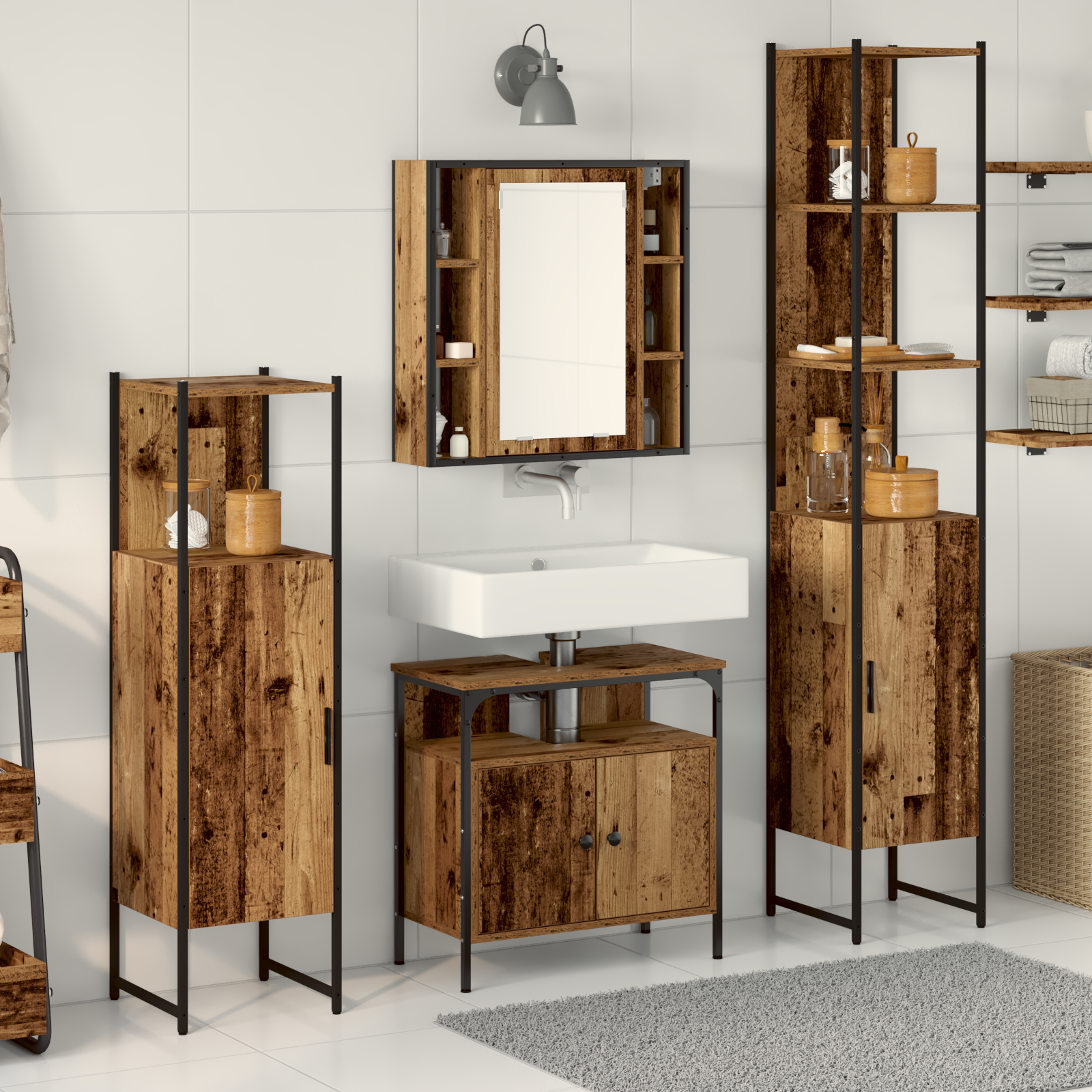 Set de Mobilier pentru Baie din 4 Piese - Lemn Vechi și Lemn Ingineresc GartenMobel Dekor