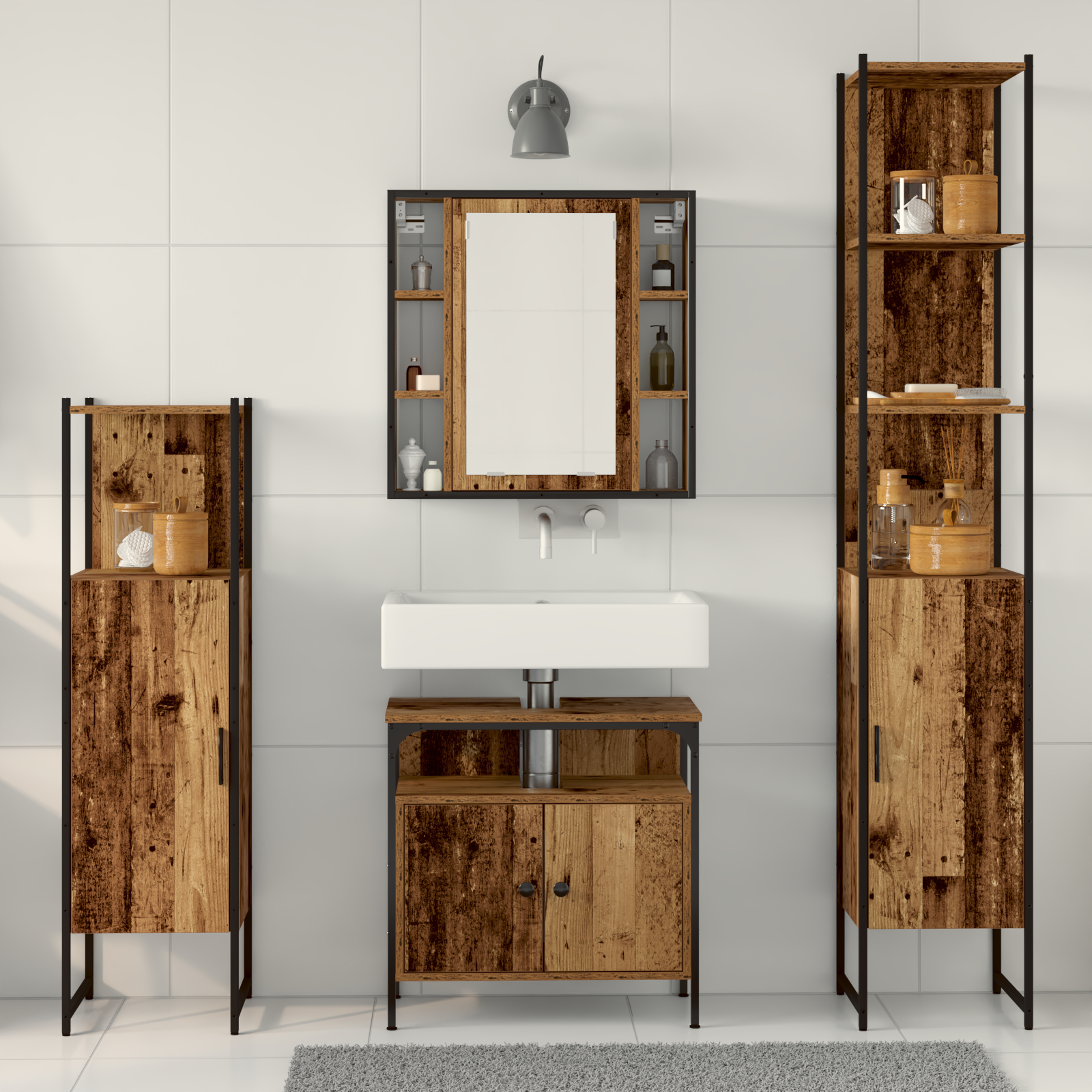 Set de Mobilier pentru Baie din 4 Piese - Lemn Vechi și Lemn Ingineresc GartenMobel Dekor