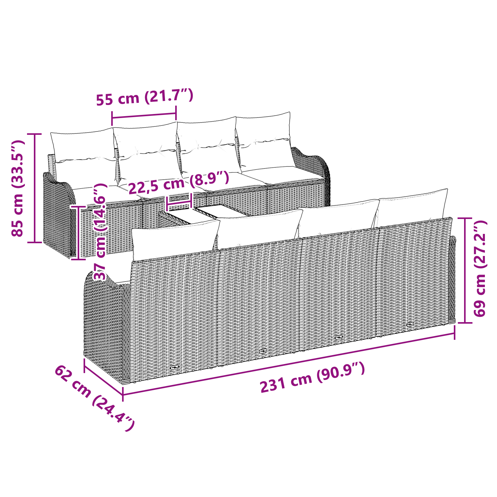 Set de Canapea de Grădină cu 9 Piese și Perne Gri Ratan Poli, Canapea de Grădină cu 2 Locuri cu Depozitare și Perne Gri Ratan Poli GartenMobel Dekor