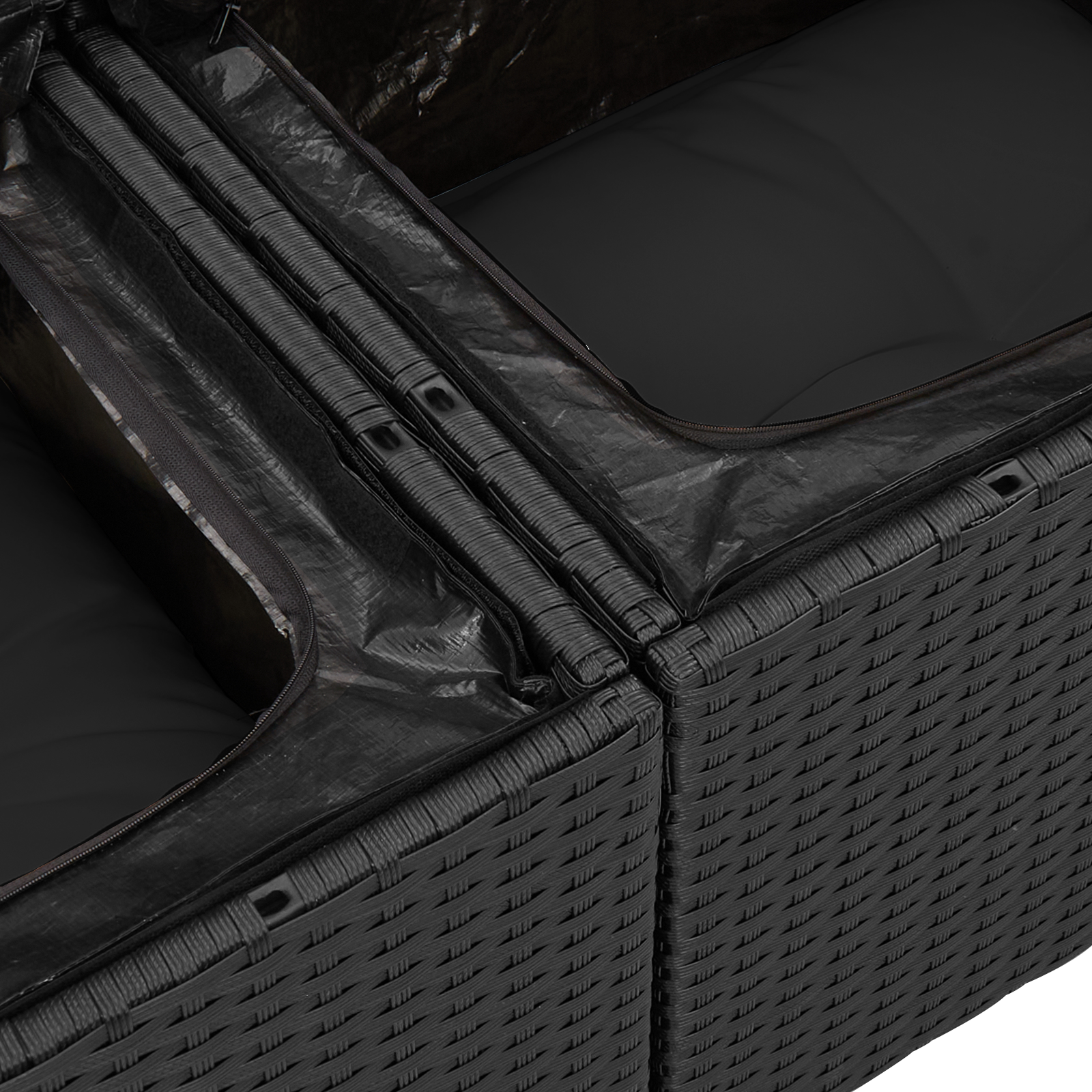 Set de canapea de grădină 7 piese cu perne Negru Poliratan, Canapea de grădină cu 2 locuri cu storage și perne Negru Poliratan GartenMobel Dekor