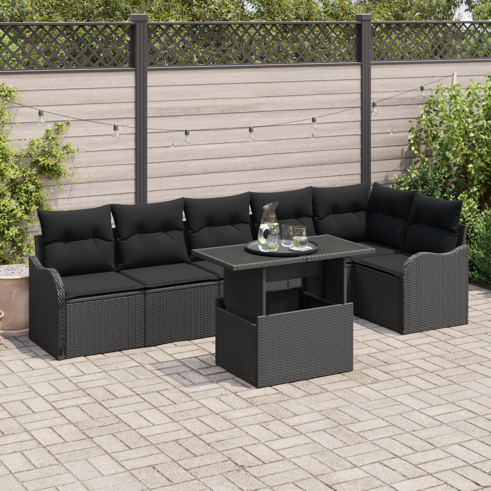 Set de Canapele pentru Grădină cu 7 Piese cu Perne Negru Ratan Poli, Canapea pentru Grădină de 2 Locuri cu Spațiu de Depozitare și Perne Negru Ratan Poli GartenMobel Dekor