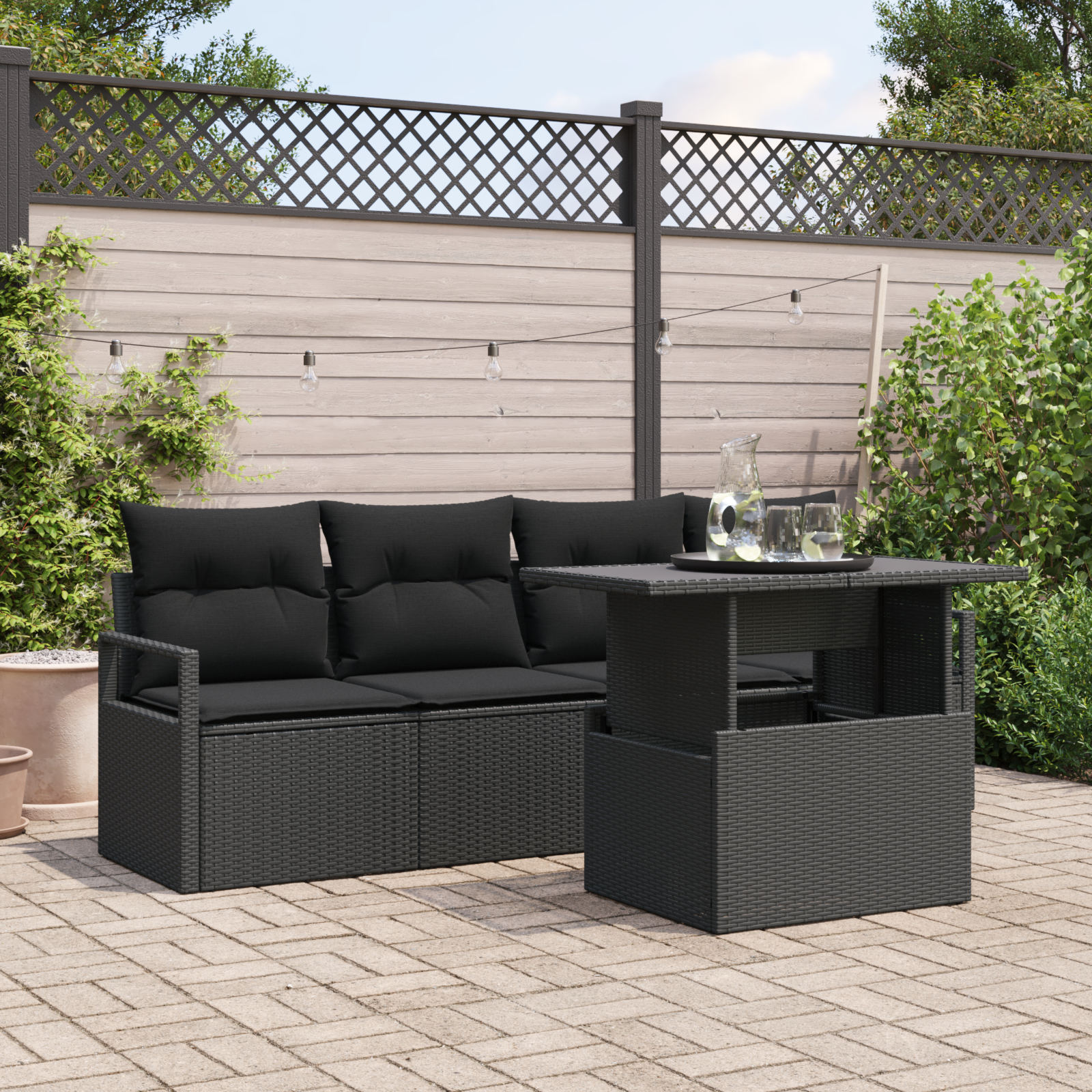 Set de Sofa de Grădină cu 5 Piese și Pernă Negru Poli Ratan, Sofa de Grădină pentru 2 Persoane cu Spațiu de Depozitare și Pernă Negru Poli Ratan GartenMobel Dekor