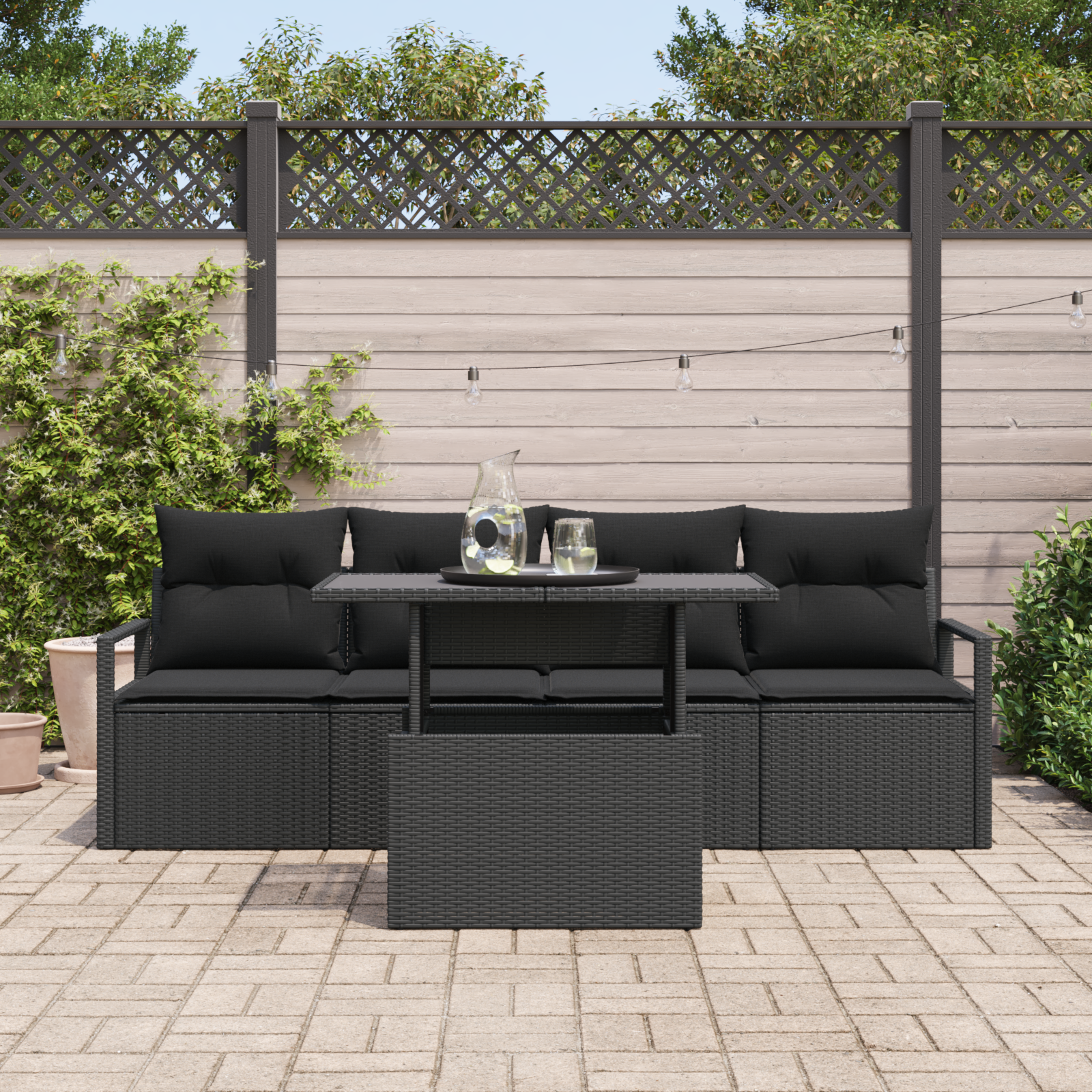 Set de Sofa de Grădină cu 5 Piese și Pernă Negru Poli Ratan, Sofa de Grădină pentru 2 Persoane cu Spațiu de Depozitare și Pernă Negru Poli Ratan GartenMobel Dekor