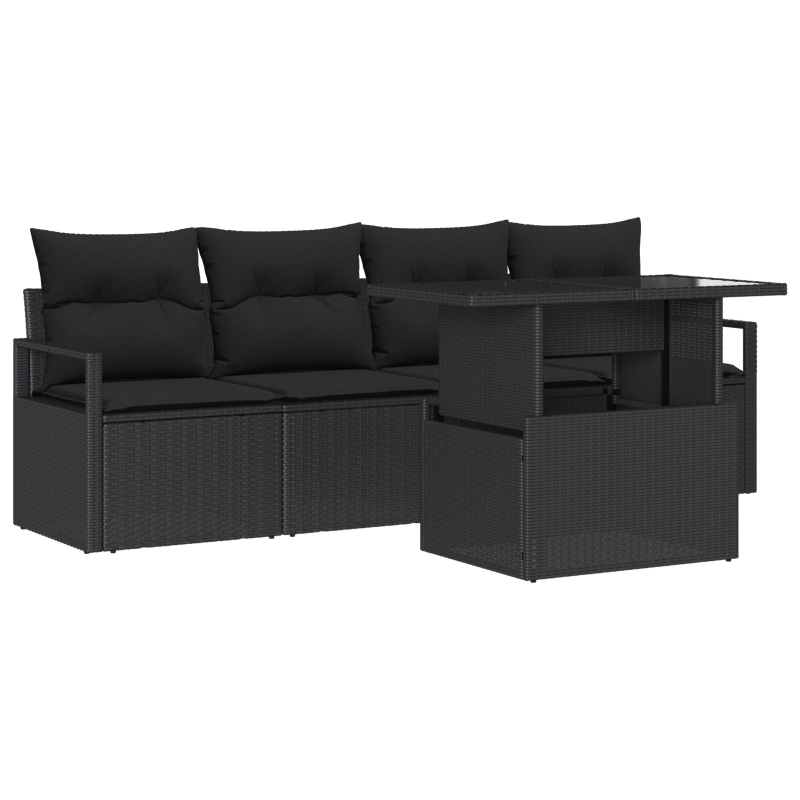 Set de Sofa de Grădină cu 5 Piese și Pernă Negru Poli Ratan, Sofa de Grădină pentru 2 Persoane cu Spațiu de Depozitare și Pernă Negru Poli Ratan GartenMobel Dekor